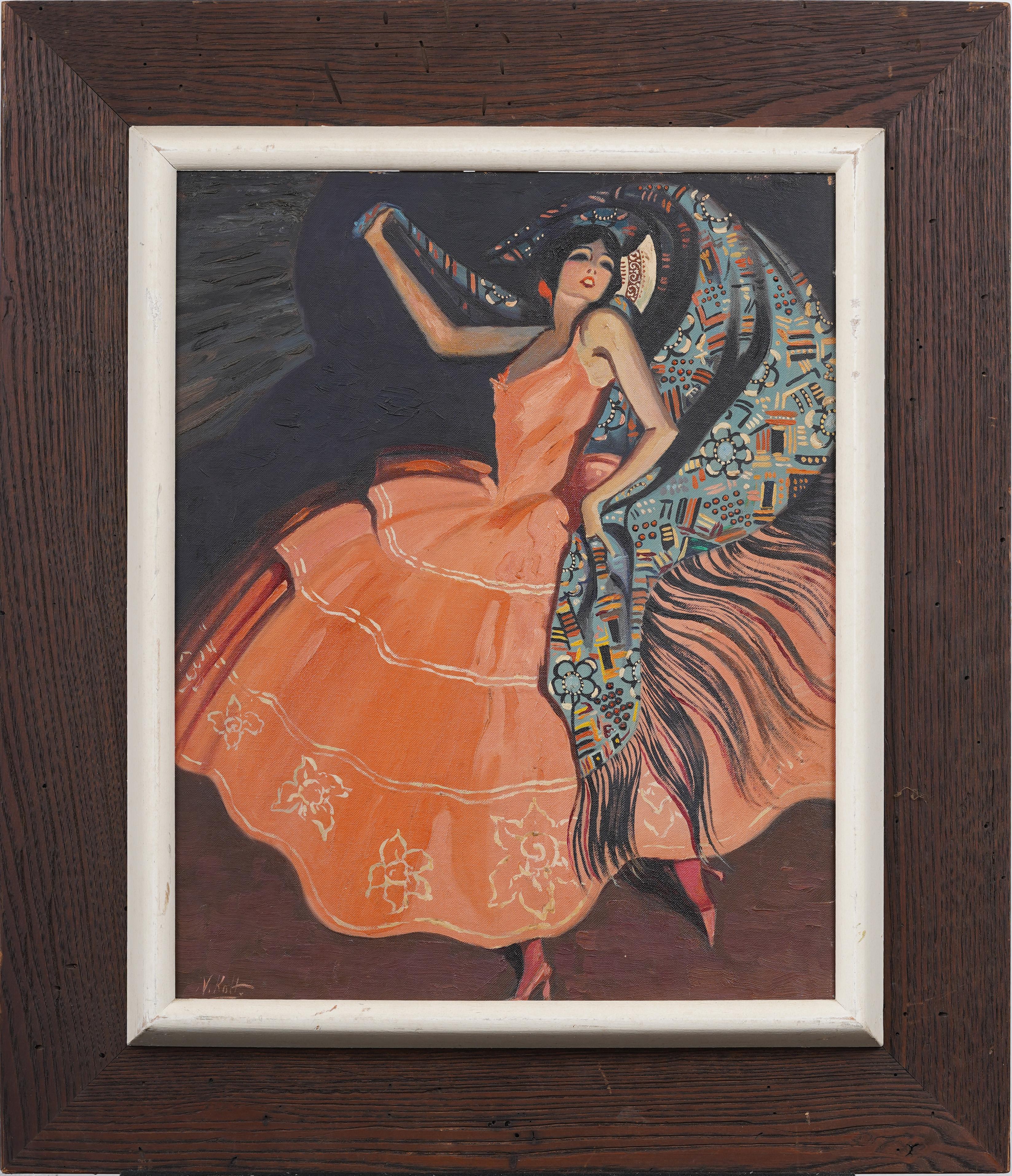 Antiguo Cuadro al Óleo Firmado Bailaor Flamenco Español Enmarcado Elegante Retrato - Painting de Unknown