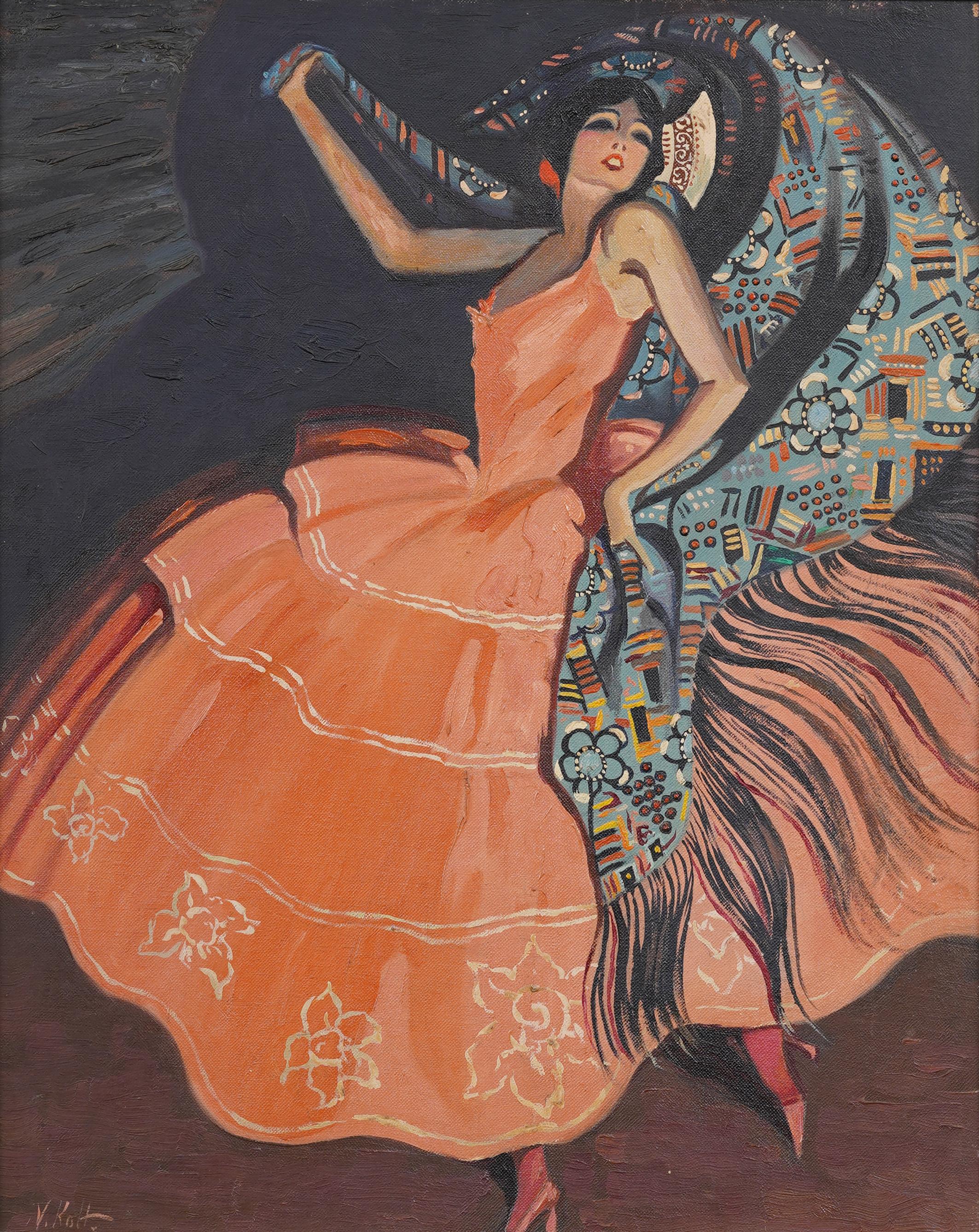 Antiguo Cuadro al Óleo Firmado Bailaor Flamenco Español Enmarcado Elegante Retrato - Painting Impresionista de Unknown