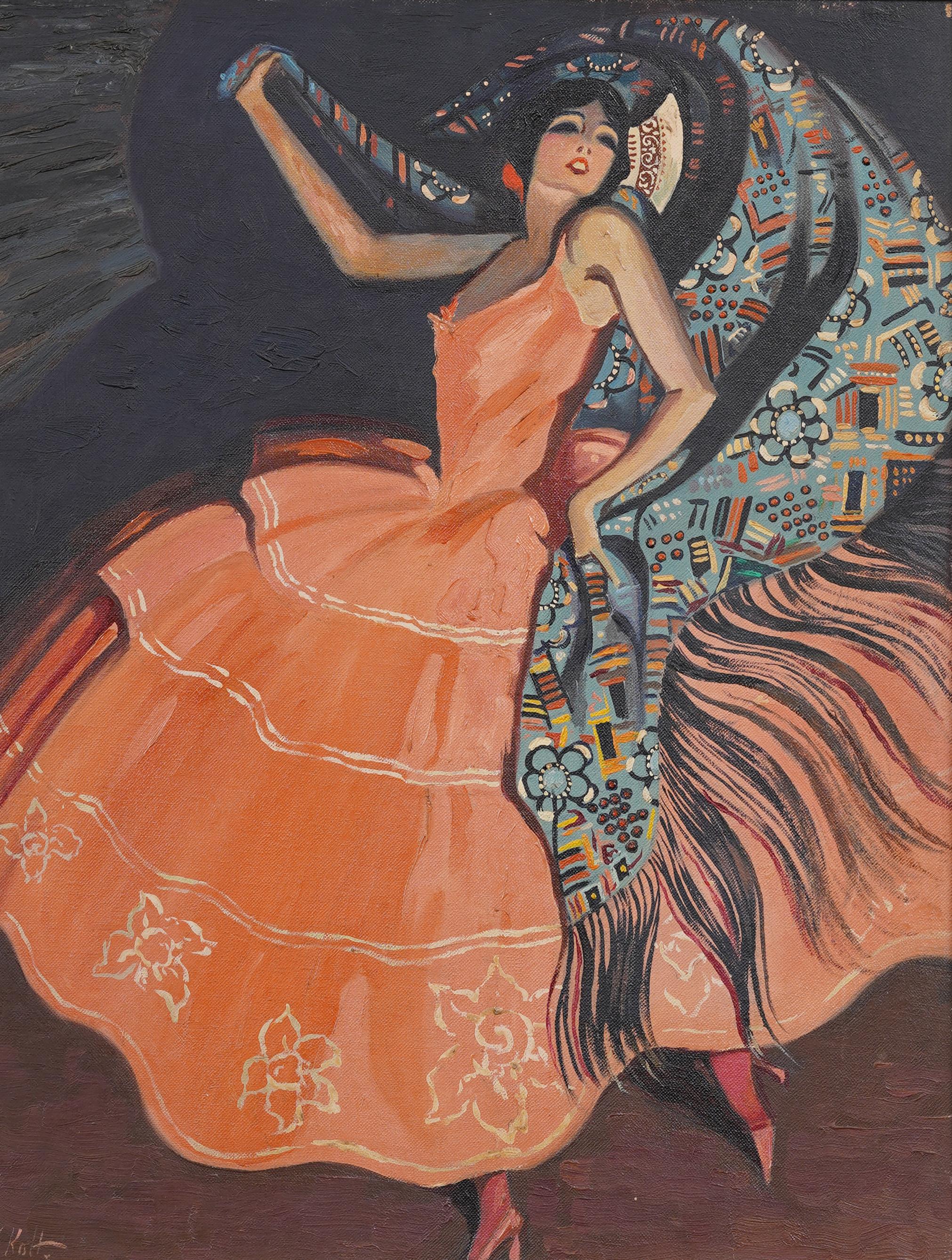 Antiguo Cuadro al Óleo Firmado Bailaor Flamenco Español Enmarcado Elegante Retrato - Interior Painting Negro de Unknown