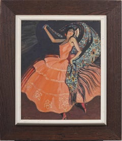 Antico dipinto ad olio firmato di una ballerina di flamenco spagnola, elegante ritratto incorniciato