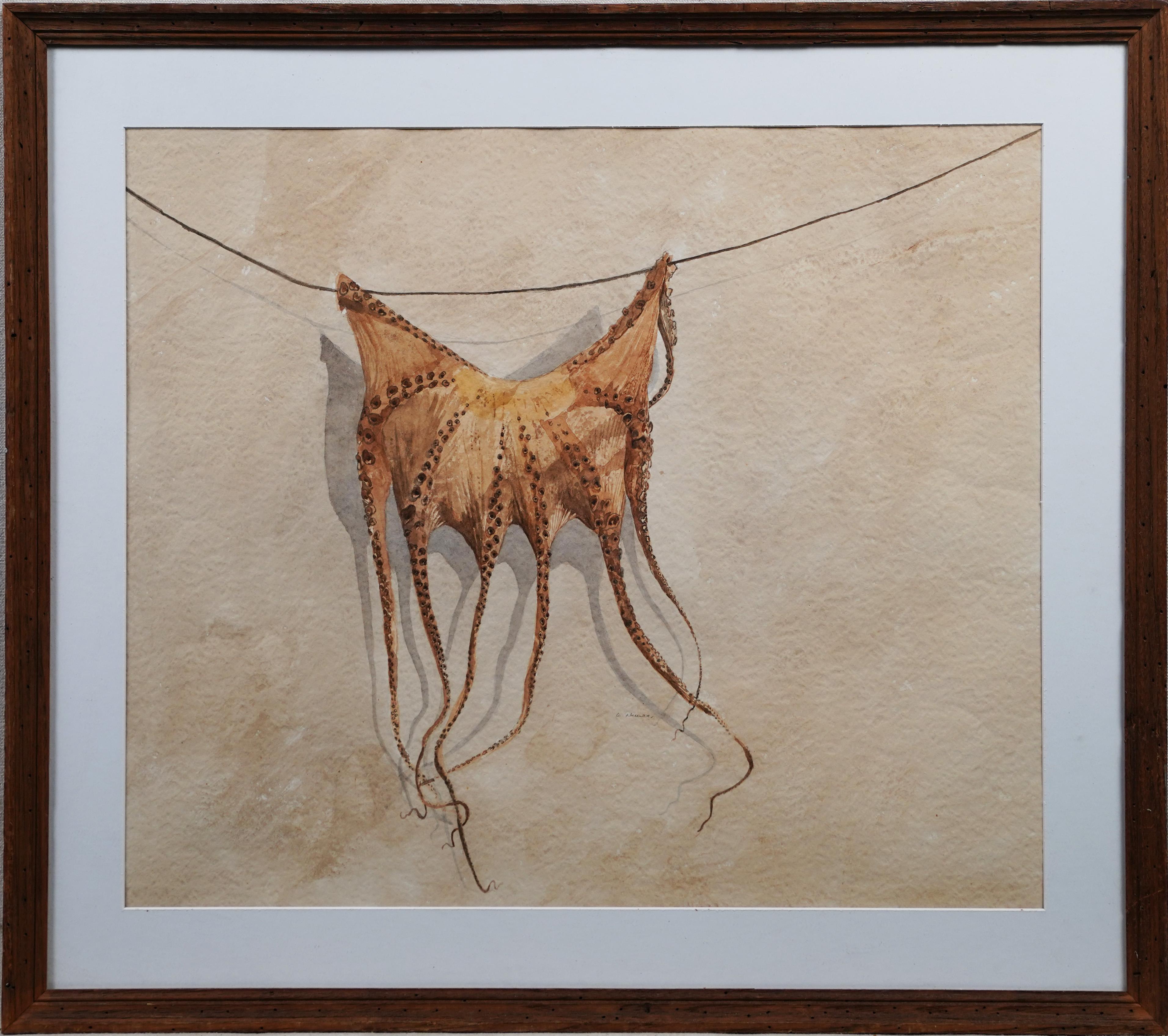 Antique impressionist hanging octopus still life.  Watercolor on paper. 
 Framed.  Image size, 18H x 21L.