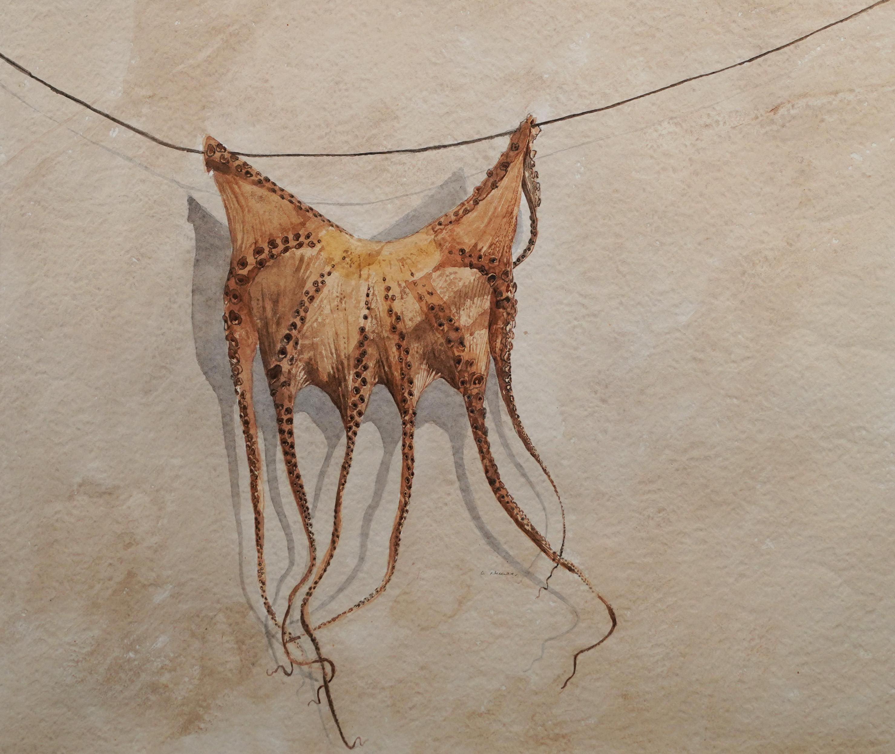 Antique Signed Sun Drying Octopus Greek Seascape Fish Still Life Beach Painting For Sale 2