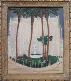 Antique South of France Impressionist Cannes Cityscape Palm Tree Oil Painting
