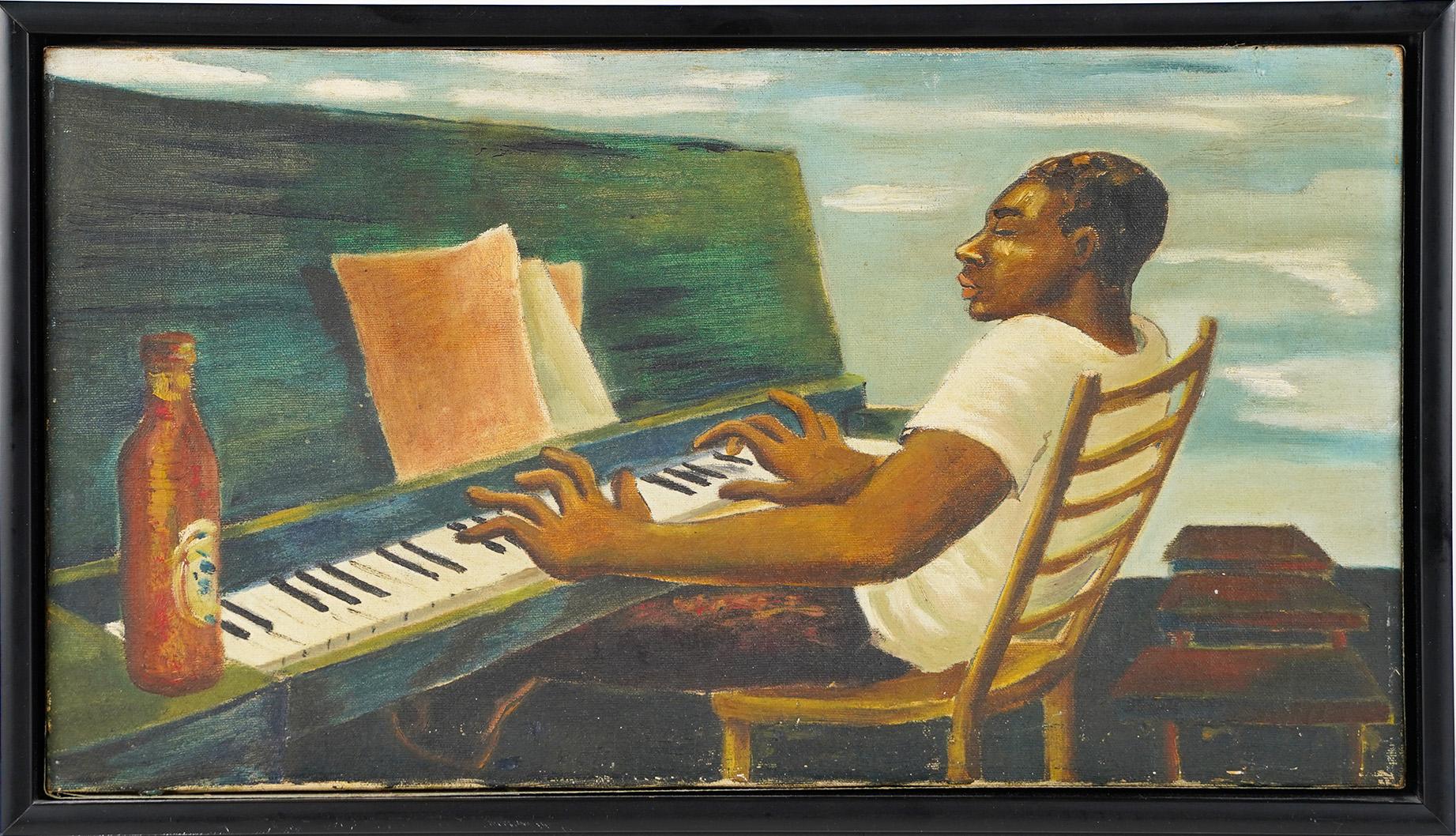 Ancienne peinture à l'huile surréaliste d'un portrait d'homme noir jouant du piano, école du Sud - Painting de Unknown