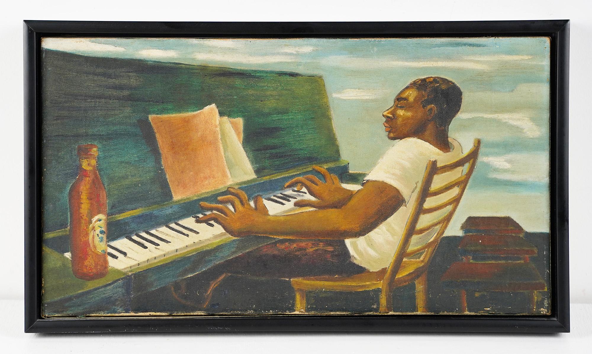 Ancienne peinture à l'huile surréaliste d'un portrait d'homme noir jouant du piano, école du Sud - Moderne Painting par Unknown