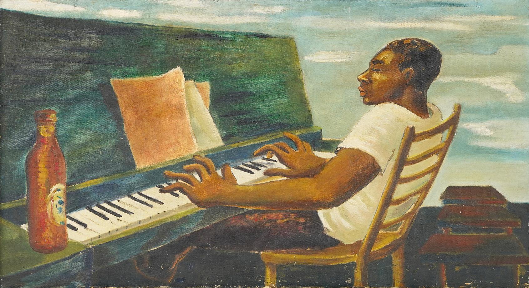 Ancienne peinture à l'huile surréaliste d'un portrait d'homme noir jouant du piano, école du Sud - Noir Landscape Painting par Unknown