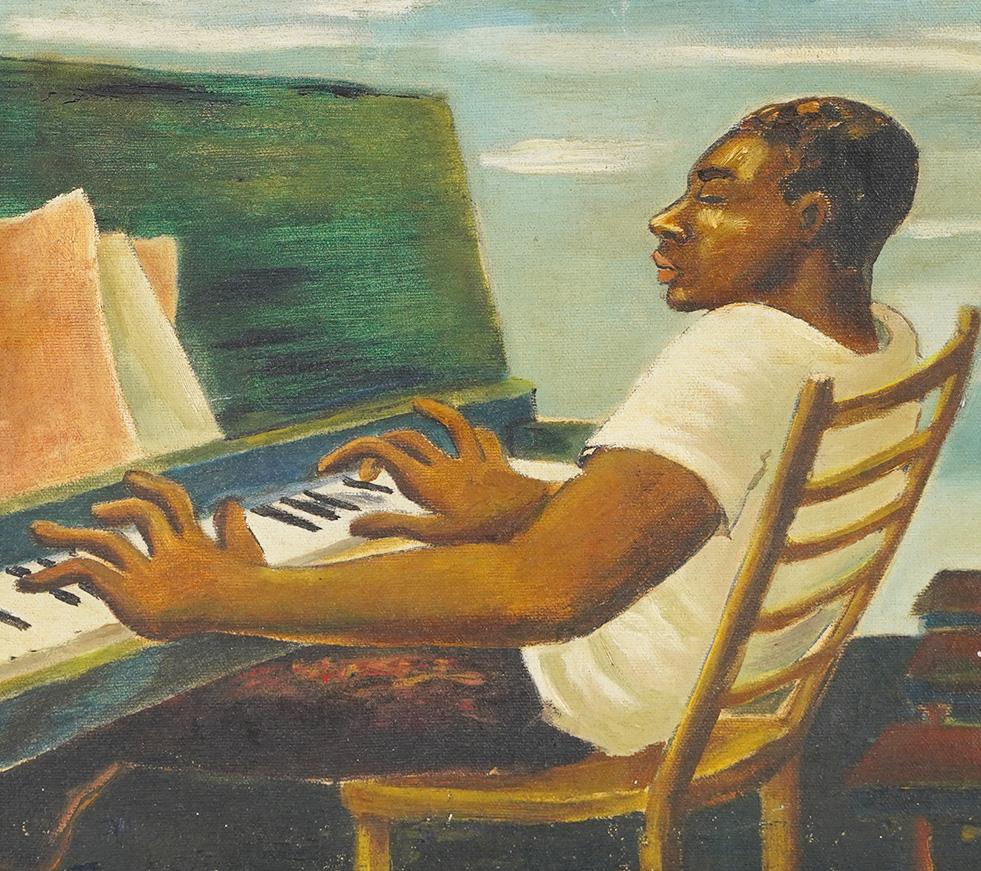 A compelling Early 20th Century American modernist portrait painting. Depicting a black man lost in the music of his piano draped in an almost surrealist blue cloudy sky. A very intimate depiction.  Oil on canvas.  Unsigned.  Framed.  Image size,