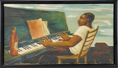 Antique Southern School Piano Player Black Male Portrait Surreal Oil Painting