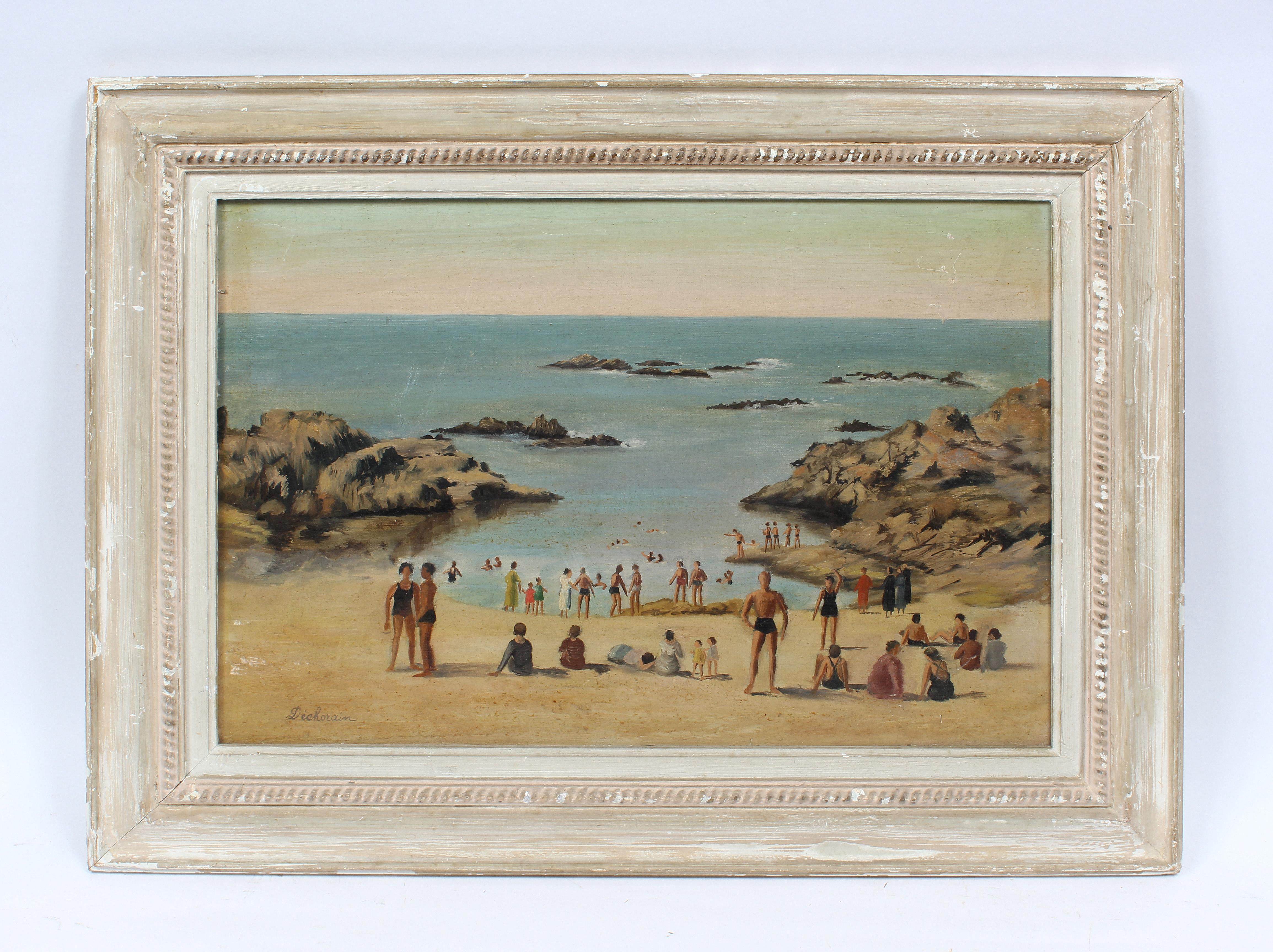 Antique Spanish Impressionist Busy Beach Scene Signed Original Oil Painting - Brown Landscape Painting by Unknown