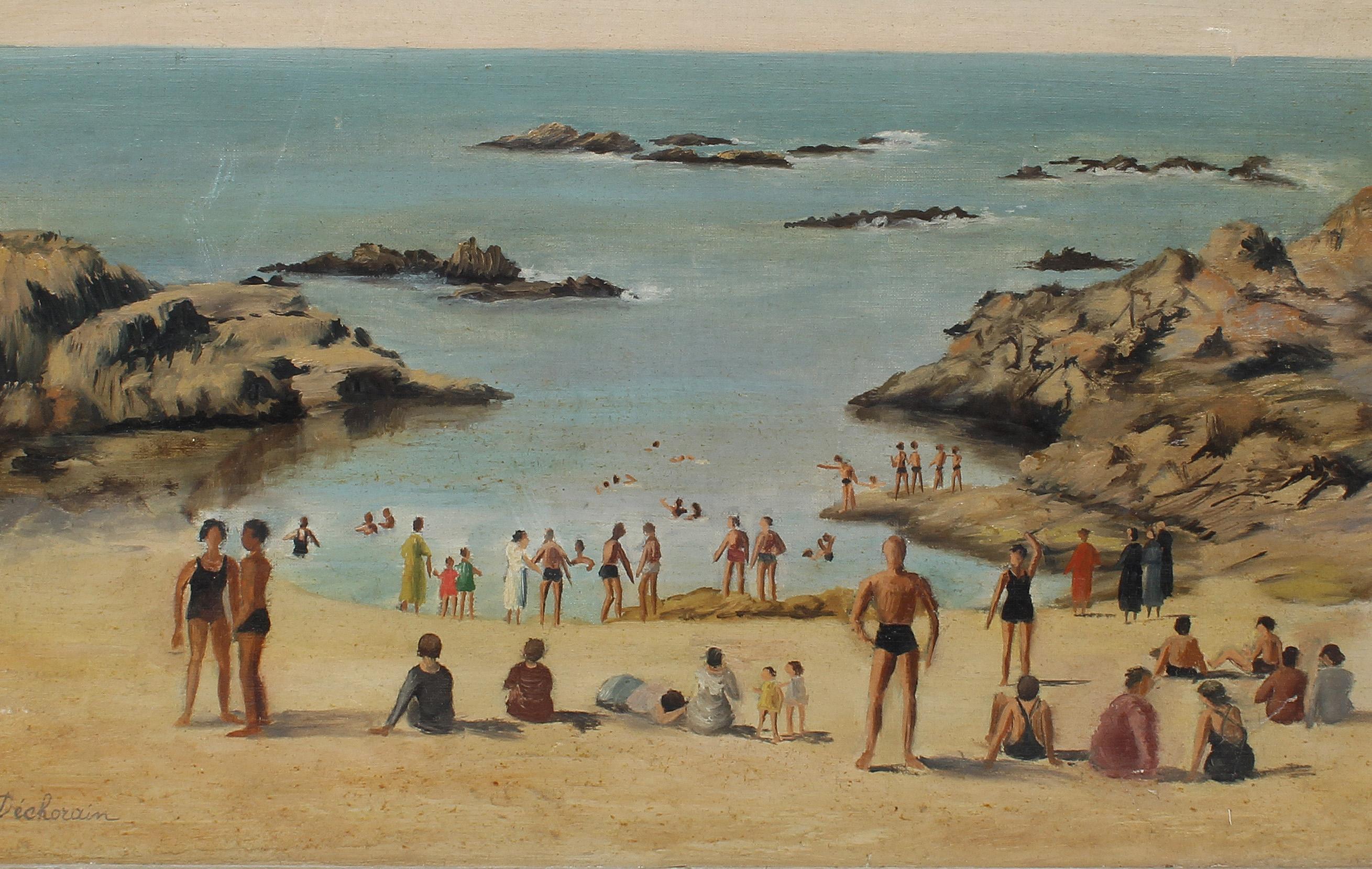 Antique Spanish Impressionist Busy Beach Scene Signed Original Oil Painting 1
