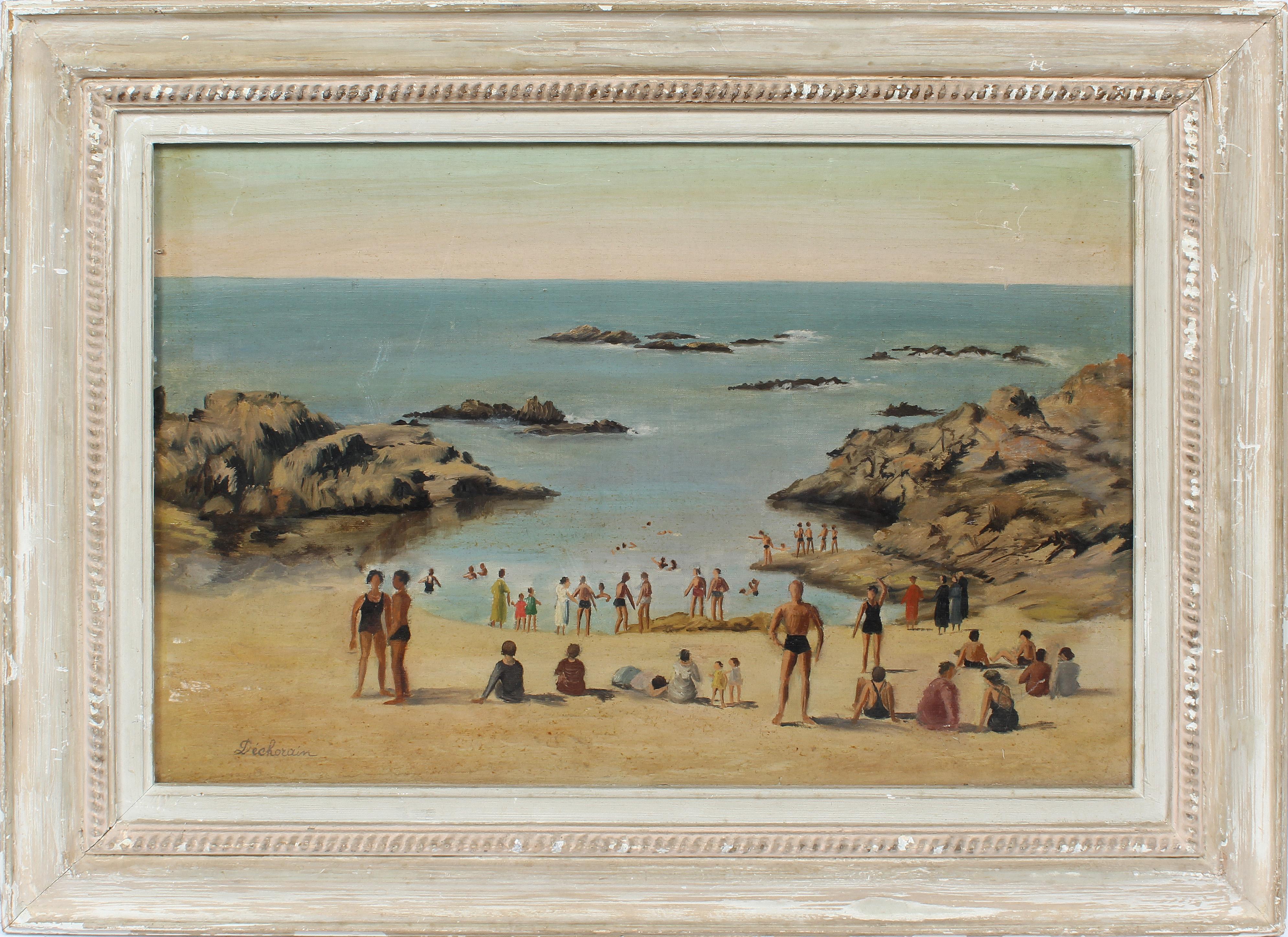 Unknown Landscape Painting - Antique Spanish Impressionist Busy Beach Scene Signed Original Oil Painting