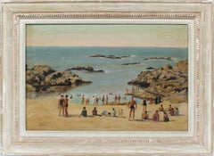 Antique Spanish Impressionist Busy Beach Scene Signed Original Oil Painting