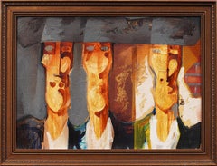 Antigua Pintura al Óleo Enmarcada Retrato Modernista Surrealista de la Spanish School