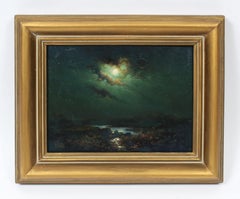 Antique Spanish Tonalist Moonlit River Landscape Nocturnal Rare Oil Painting