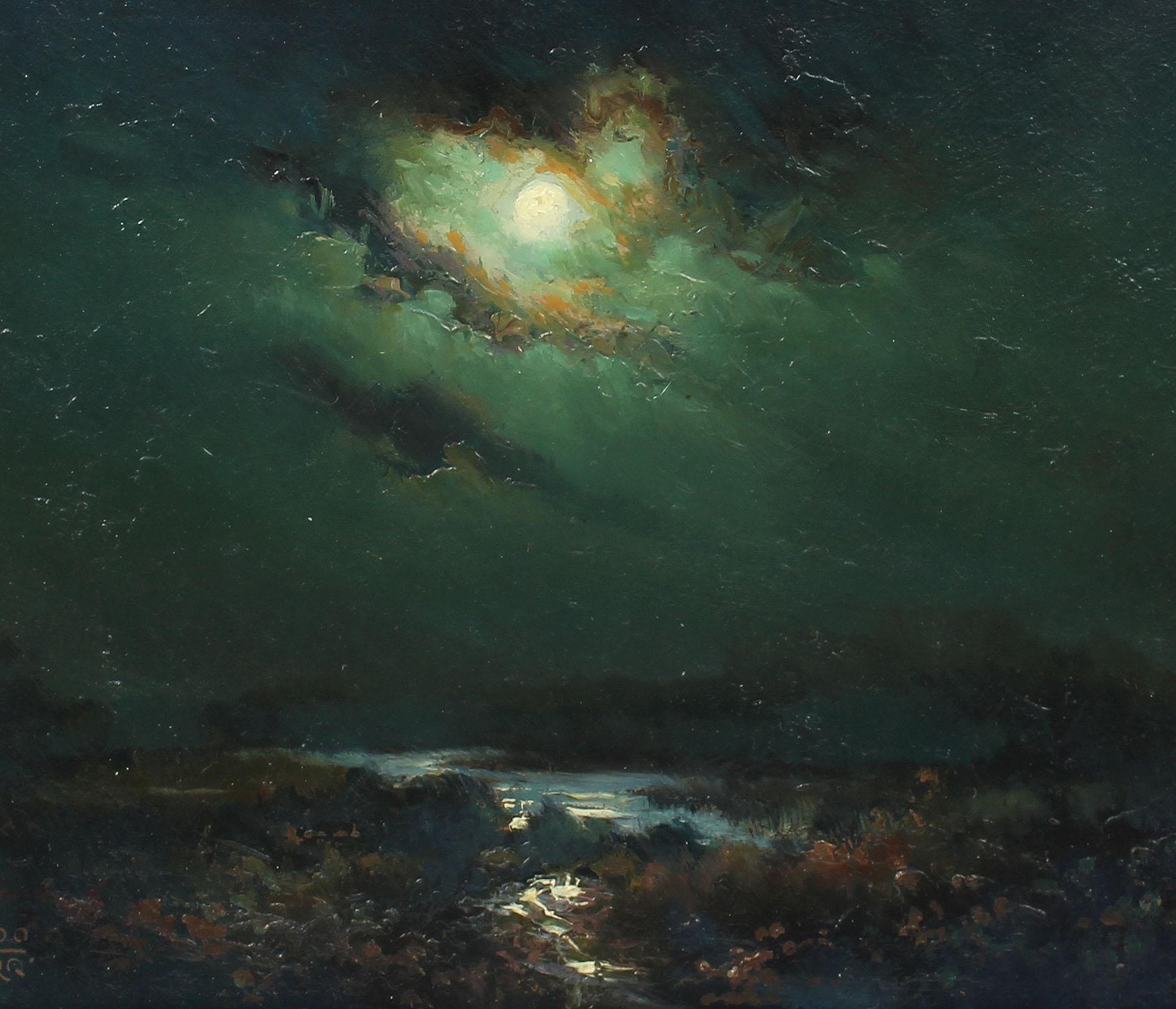 Antique Spanish impressionist moonlit landscape oil painting by Agudo Clara. Oil on board, circa 1900. Signed. Displayed in a giltwood frame. Image, 11