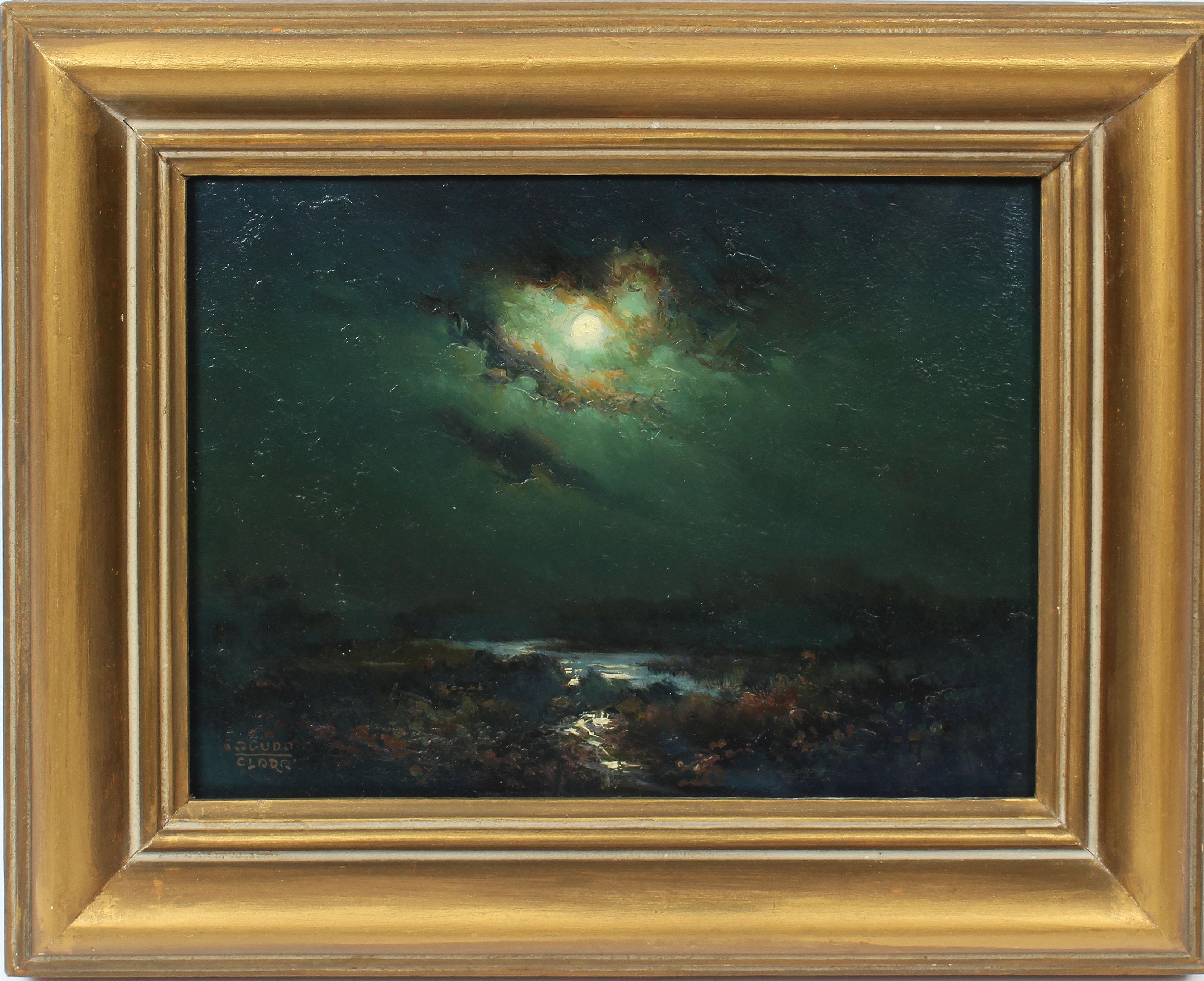 Unknown Landscape Painting - Antique Spanish Tonalist Moonlit River Landscape Nocturnal Rare Oil Painting