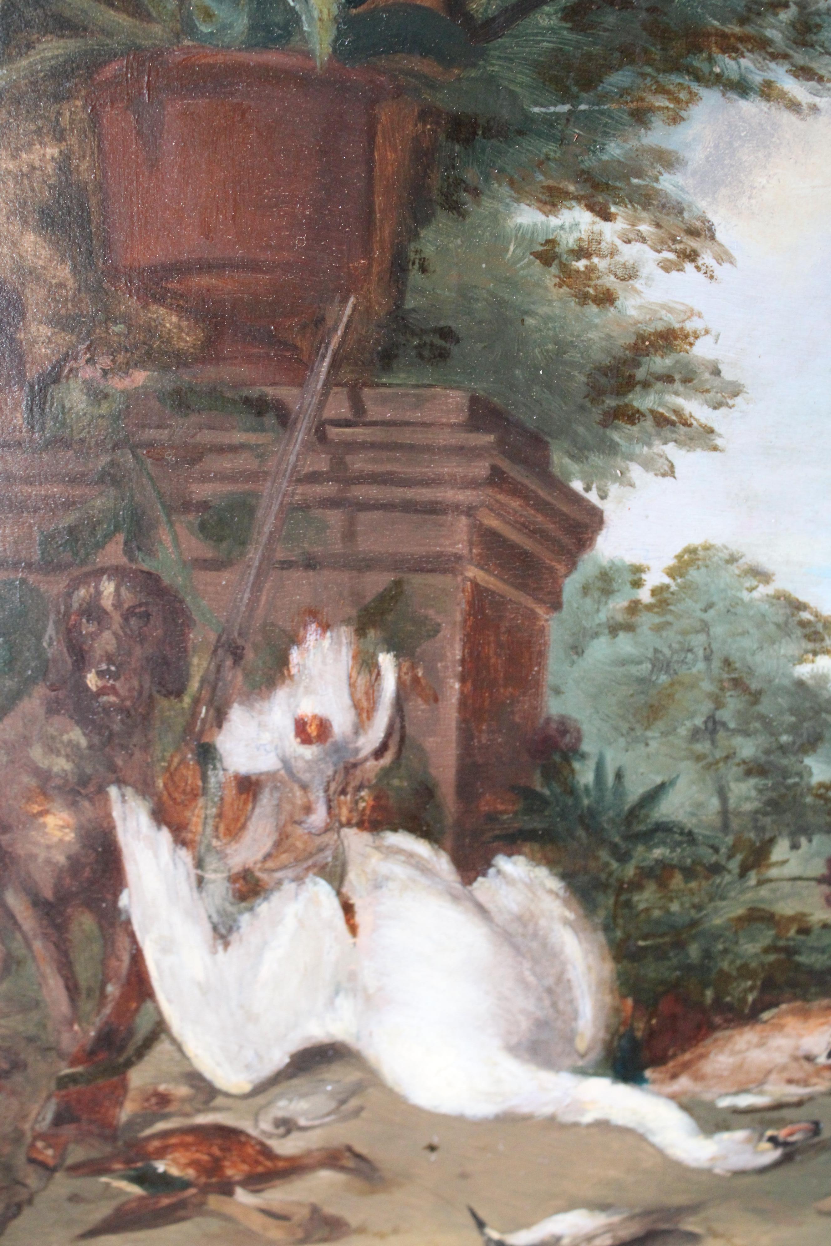 Antiquités nature morte de chasseur chien et gibier nature morte de chasseurs trophées - Painting de Unknown