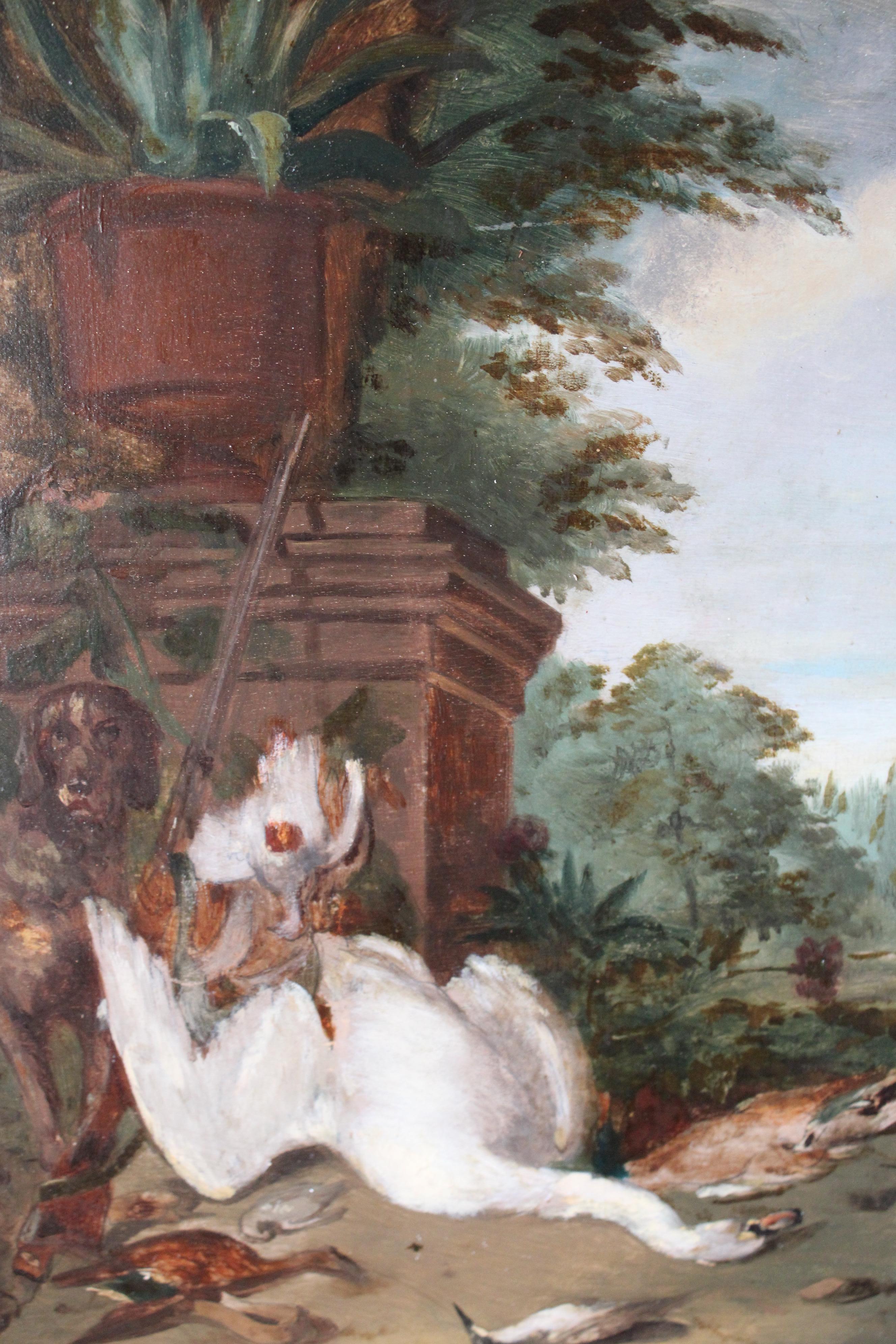 Antiquités nature morte de chasseur chien et gibier nature morte de chasseurs trophées - Marron Animal Painting par Unknown