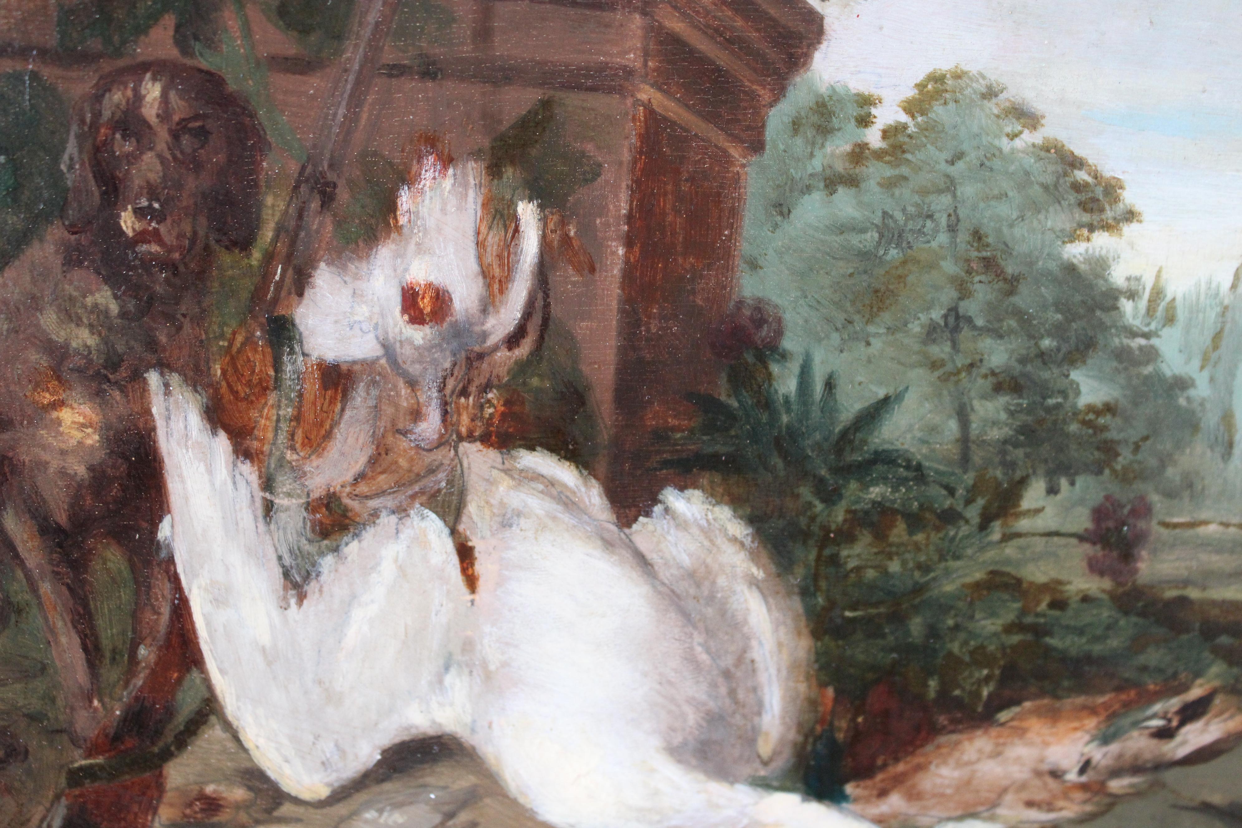 Peinture à l'huile sur bois dans un cadre ancien d'après Jean-Baptiste Oudry.   Il s'agit d'une peinture inhabituelle représentant un chien avec ses trophées de chasse dans un paysage.  Le chien, fraîchement revenu de la chasse, est assis à côté du