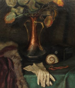 Antique Still Life Oil Painting of a Copper Vase, Shell, & Gloves Signed Hofer