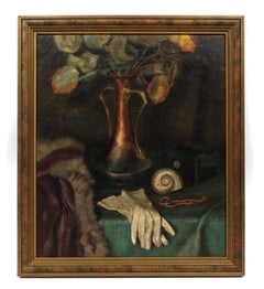 Nature morte à l'huile ancienne d'un vase en cuivre, d'un coquillage et de gants signée Hofer