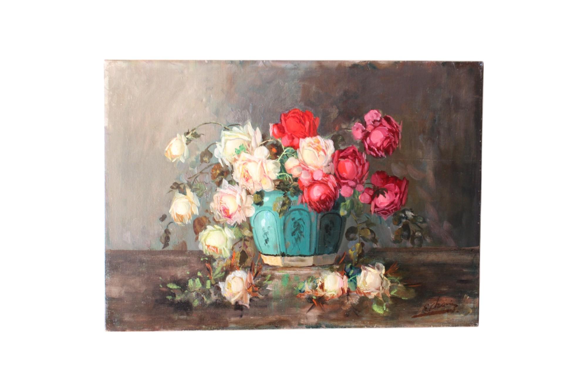 Unknown Still-Life Painting - Flowers Still Life Oil Painting on Canvas Large Antique French Roses