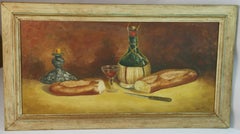 Antique Still Life Painting of Bread and Wine, Oil on Canvas, 1960s