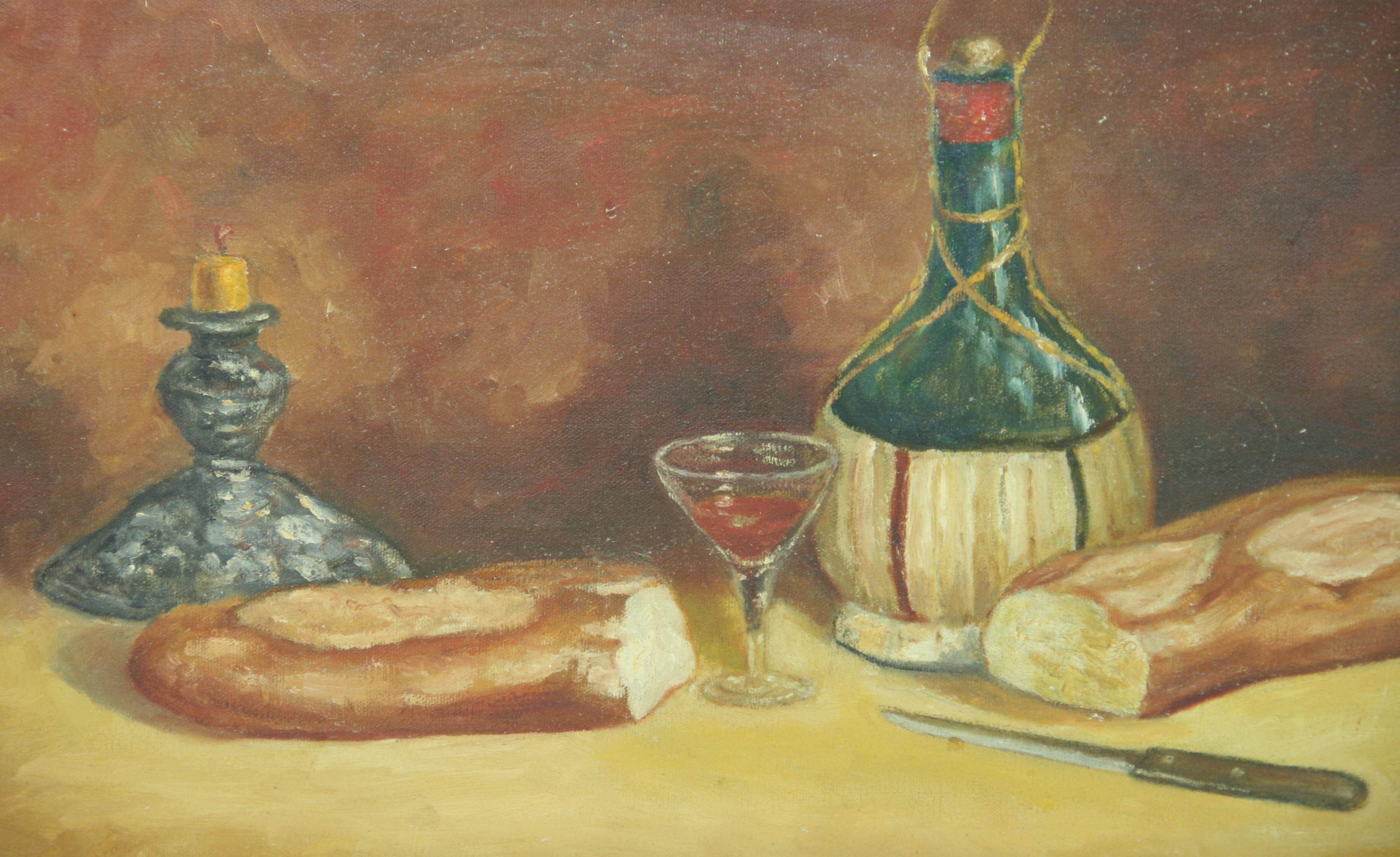 Antique Still Life Table Setting Bread and Wine - Brown Still-Life Painting by Unknown