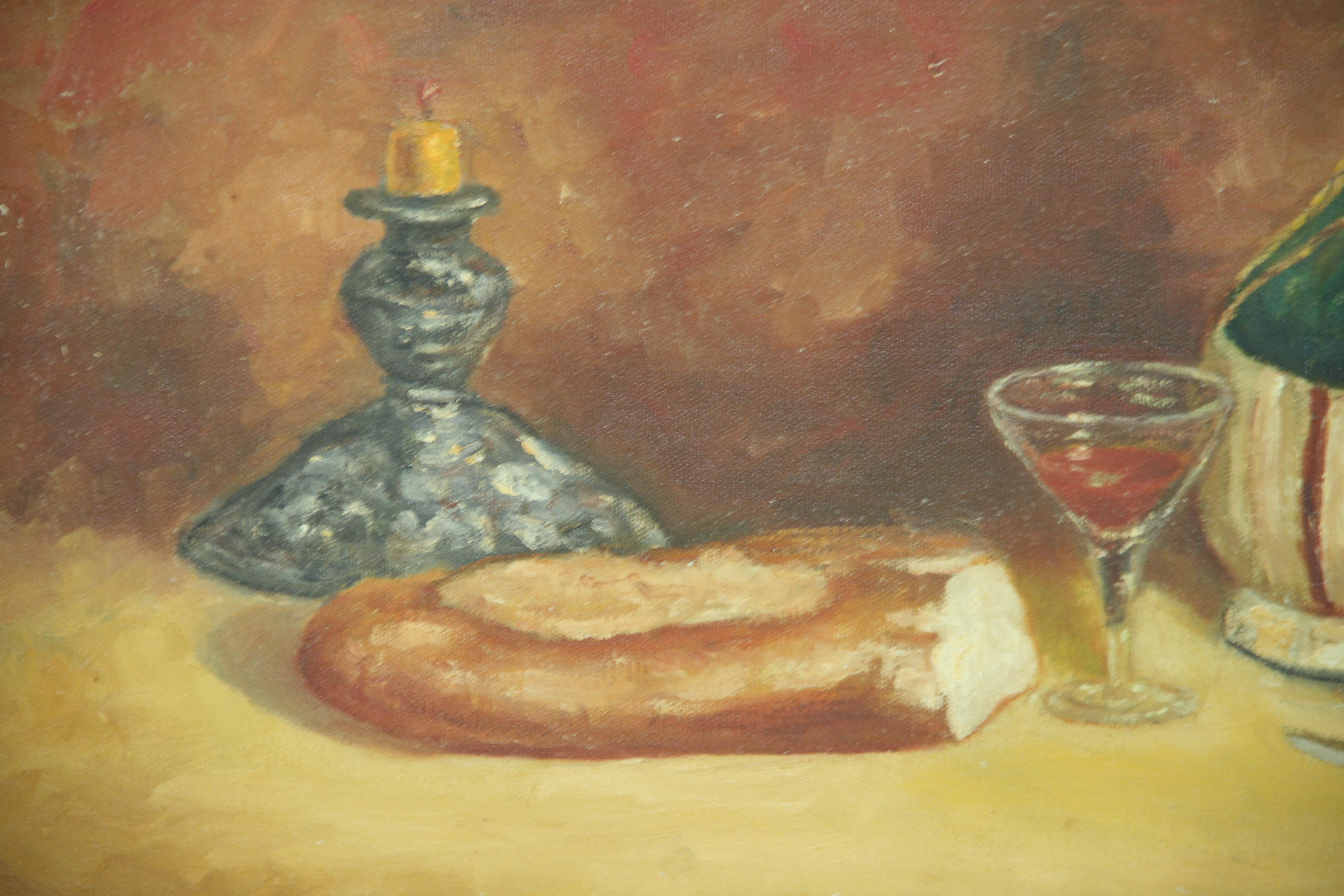Antique Still Life Table Setting Bread and Wine For Sale 3