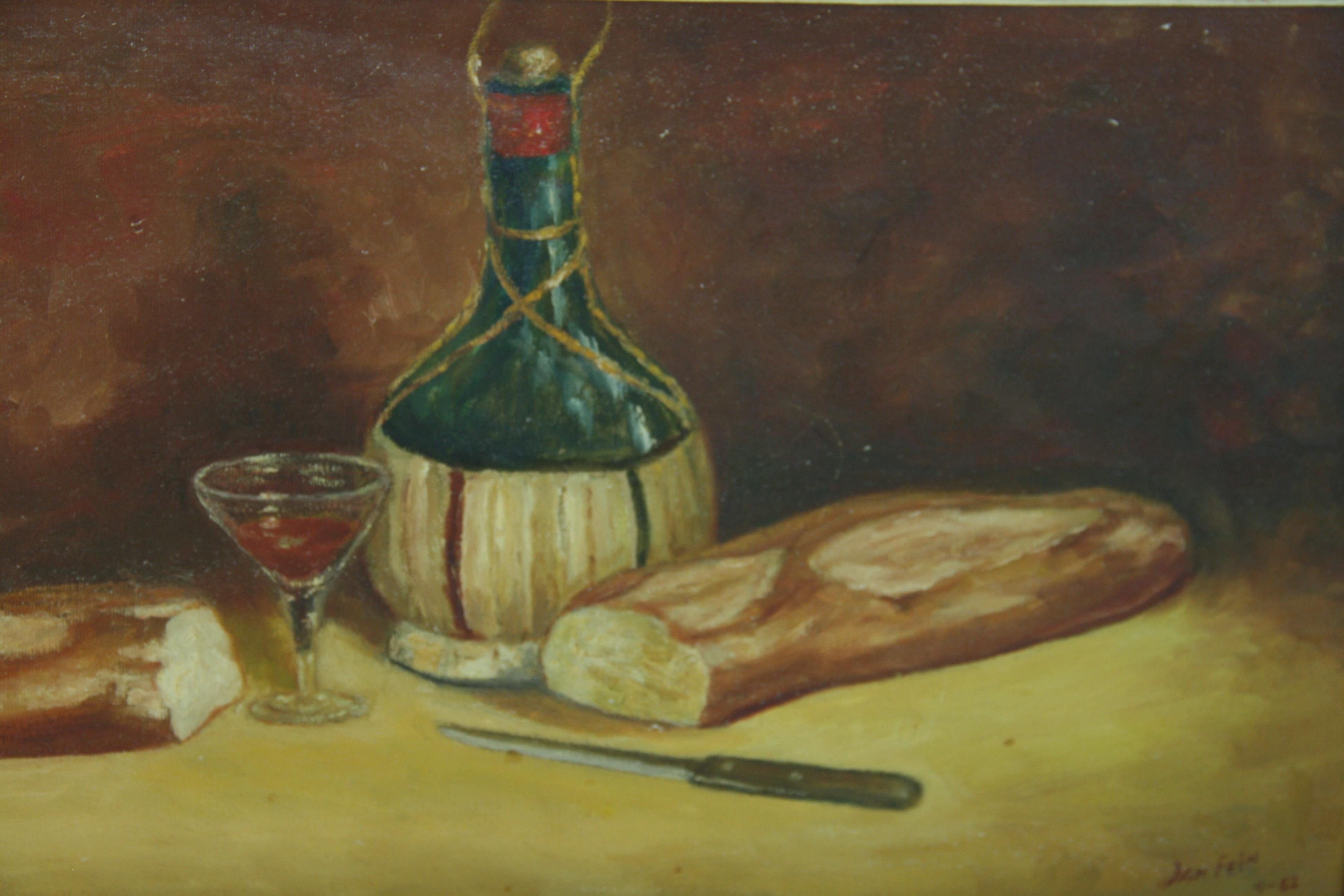 Antique Still Life Table Setting Bread and Wine For Sale 4