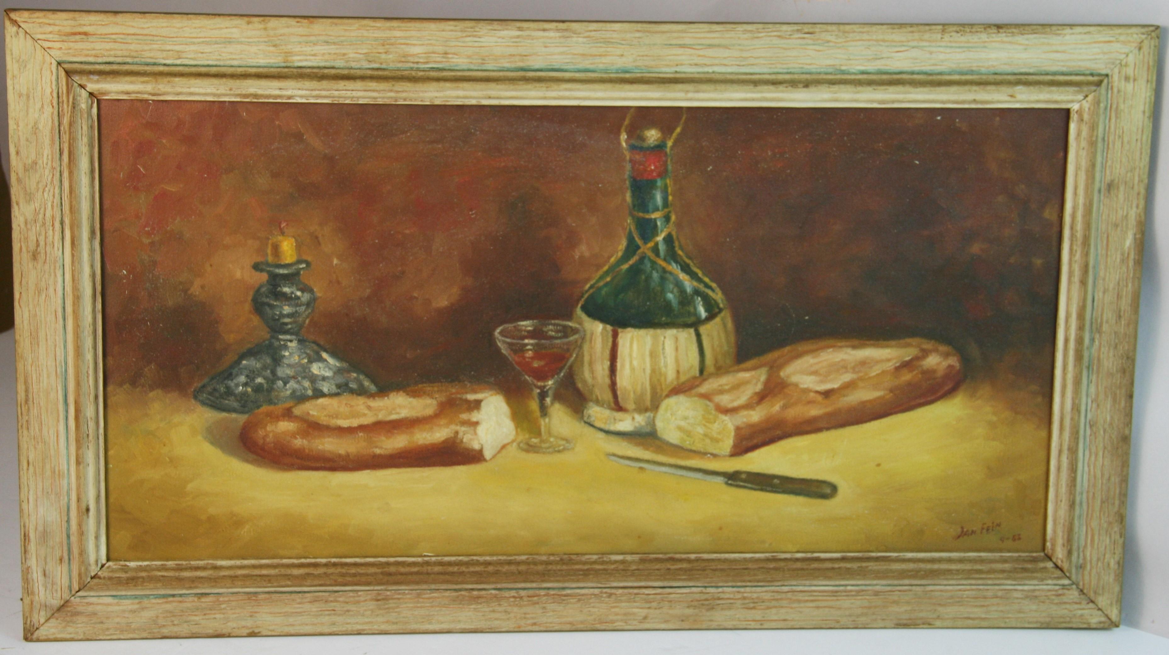 Unknown Still-Life Painting - Antique Still Life Table Setting Bread and Wine