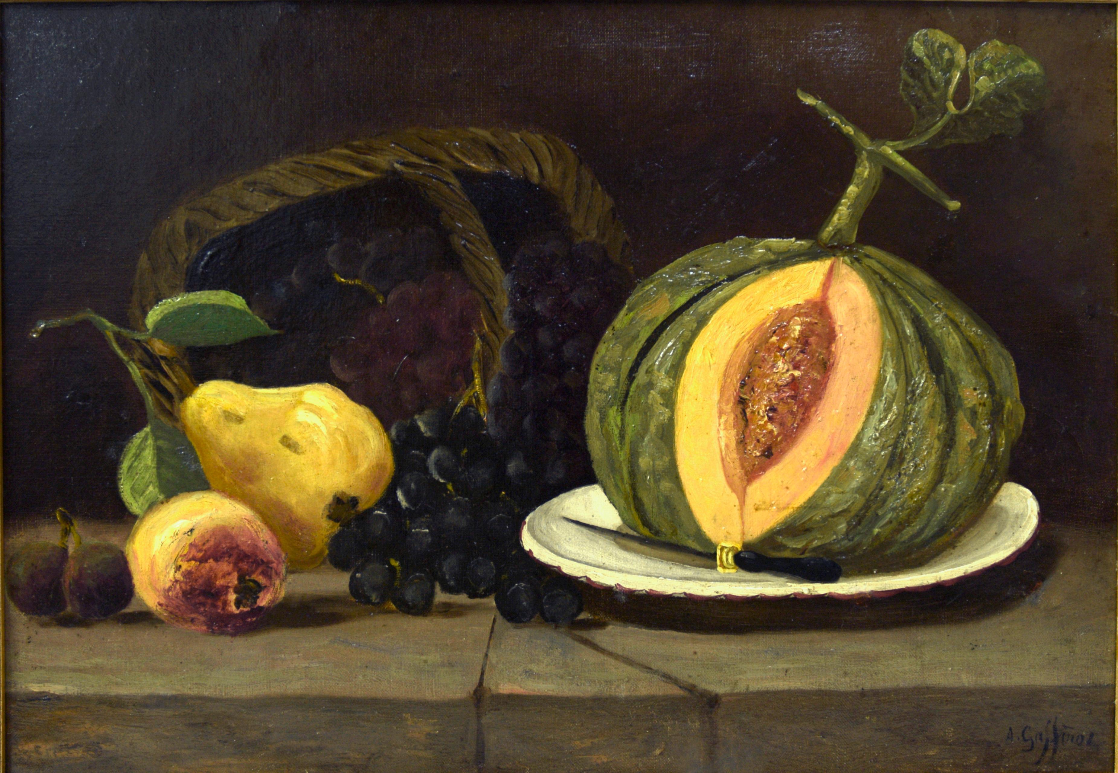 Antikes Stillleben mit Obst und Melonen – Painting von Unknown