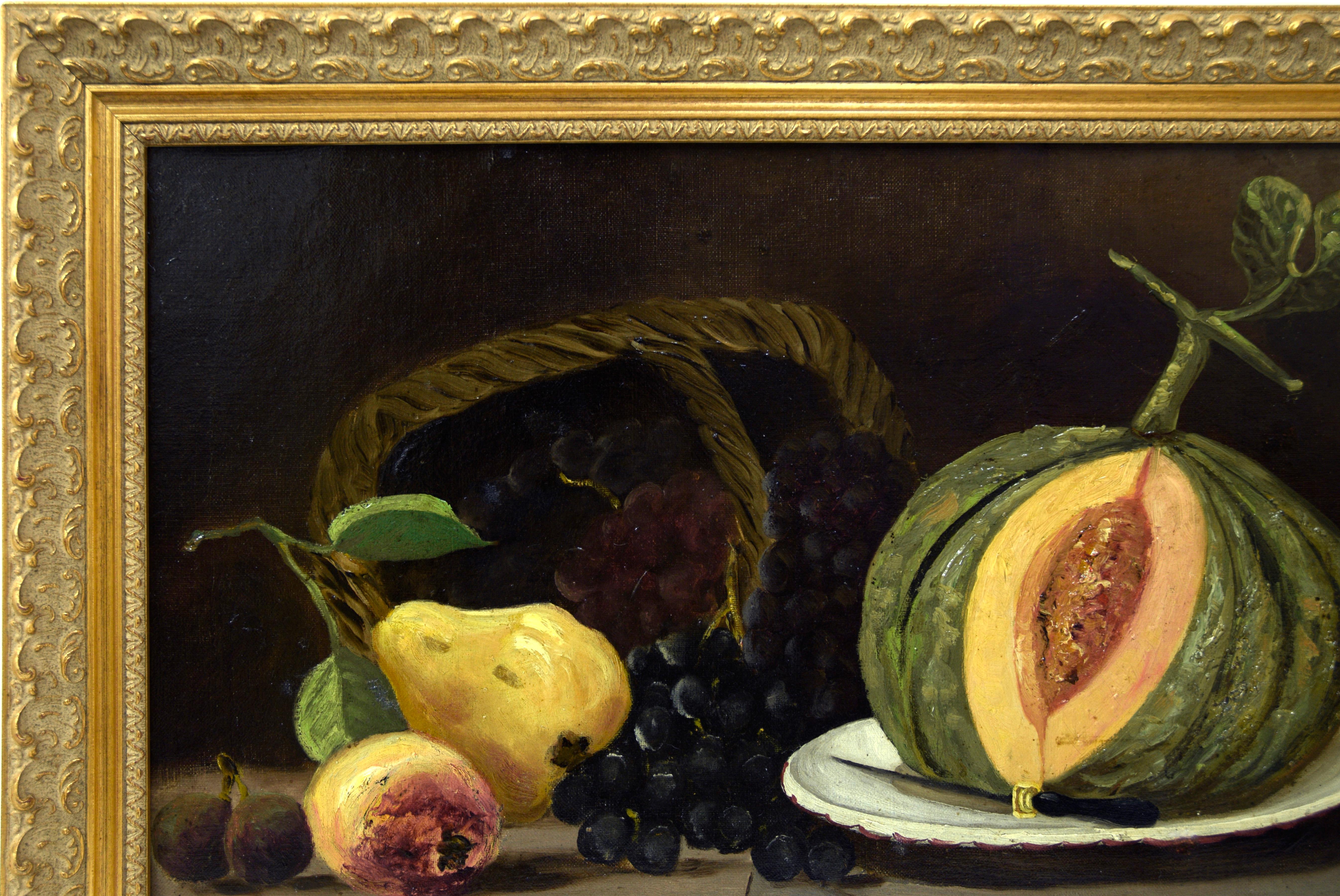 Antikes Stillleben mit Obst und Melonen (Amerikanischer Realismus), Painting, von Unknown