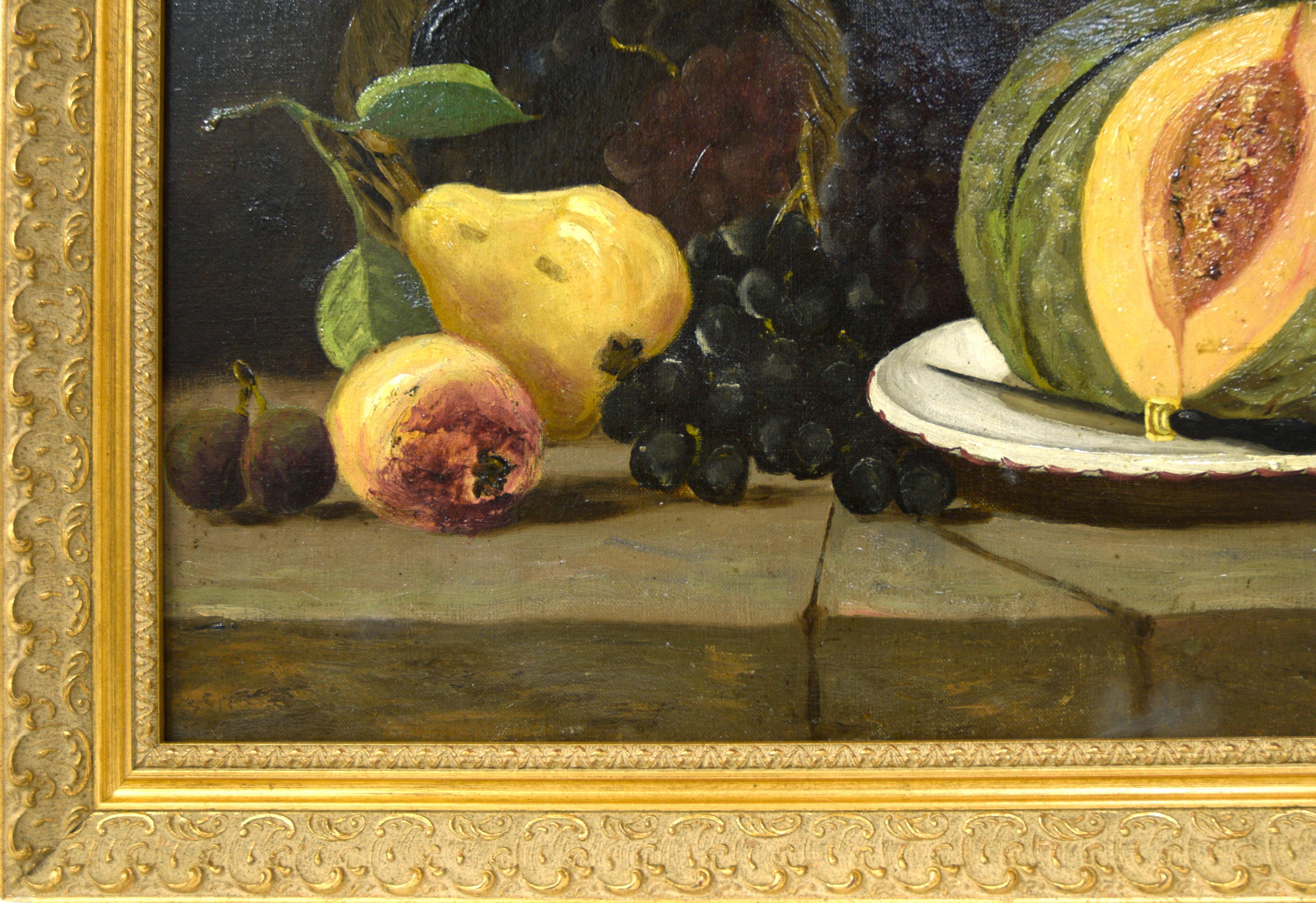 Antikes Stillleben mit Obst und Melonen (Braun), Interior Painting, von Unknown
