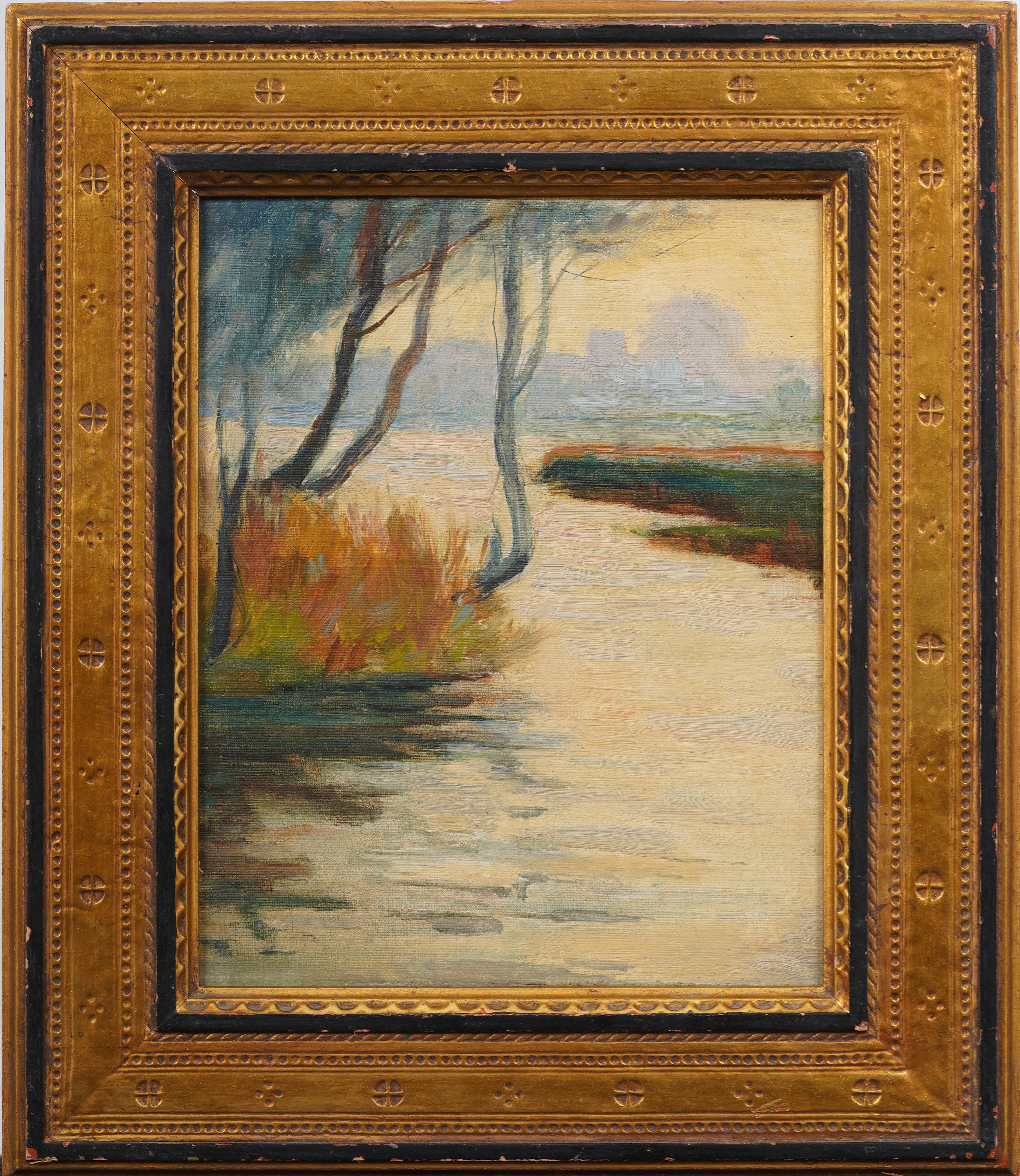 Antique Summer Sunrise River Landscape Framed Original New York Oil Painting - Brown Landscape Painting by Unknown