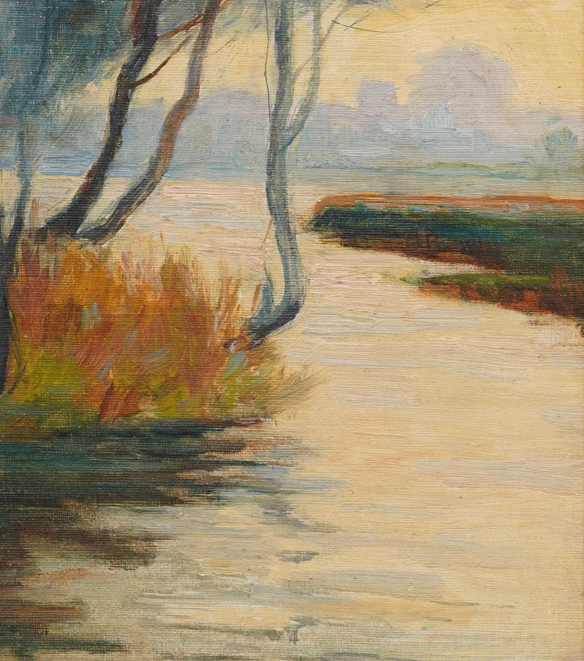 Antique Summer Sunrise River Landscape Framed Original New York Oil Painting For Sale 1