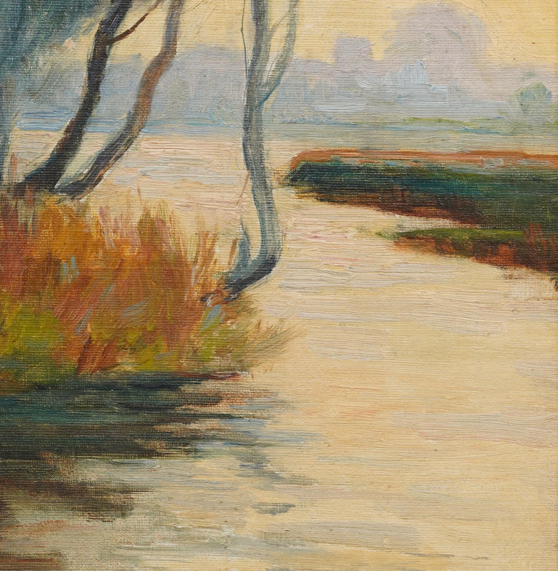 Antique Summer Sunrise River Landscape Framed Original New York Oil Painting For Sale 2