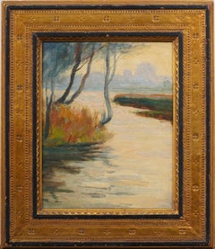 Antique Summer Sunrise River Landscape Framed Original New York Oil Painting