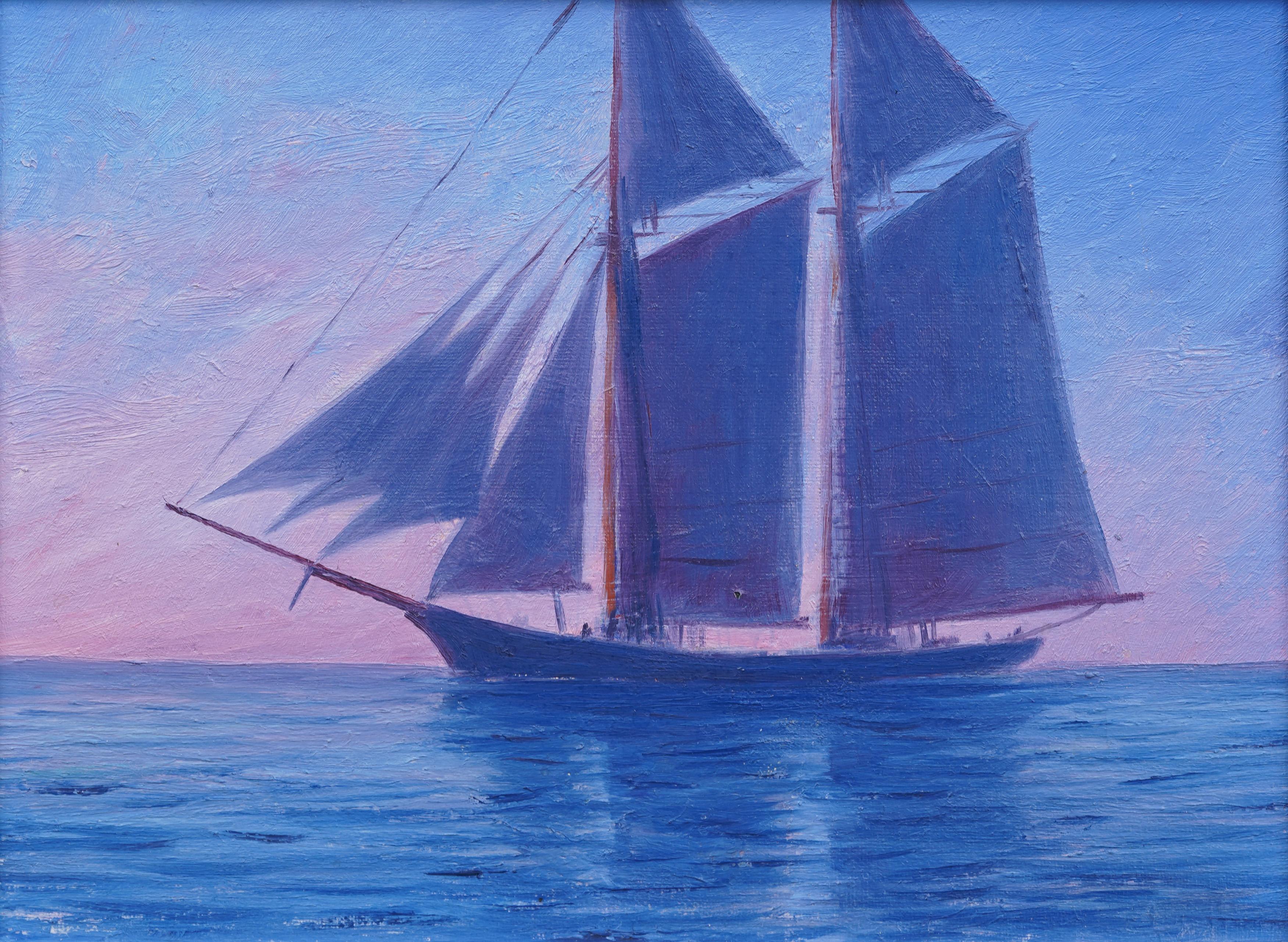 Antique Sunset Sailboat Framed Seascape Signed Silver Frame Oil Painting For Sale 1