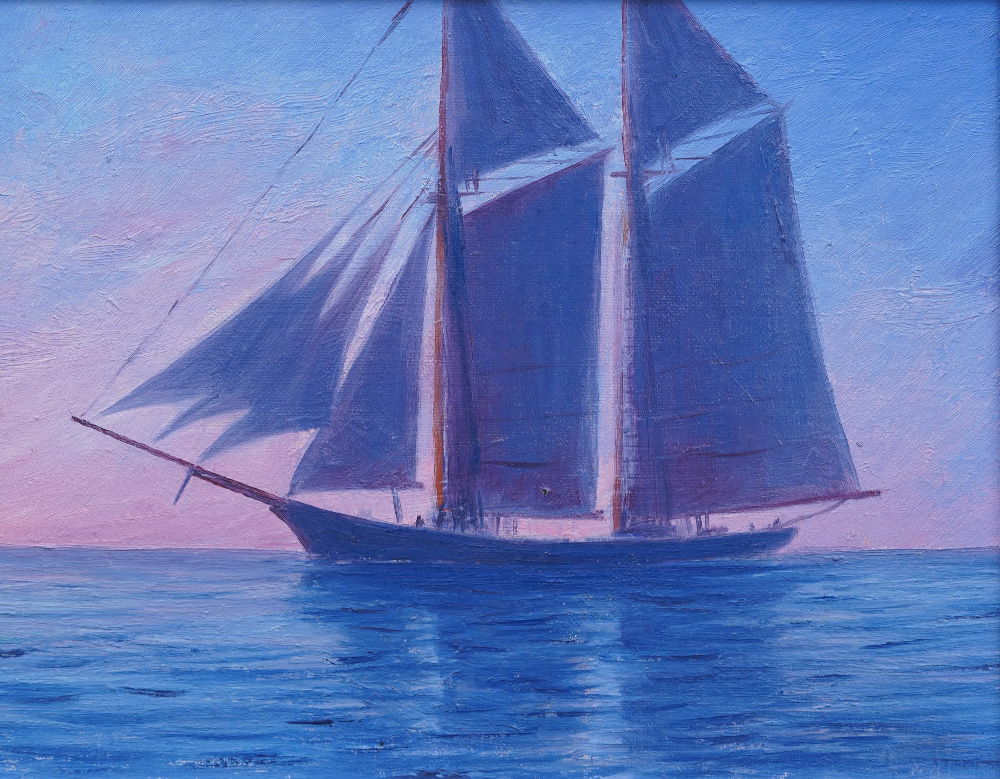 Antique Sunset Sailboat Framed Seascape Signed Silver Frame Oil Painting For Sale 2