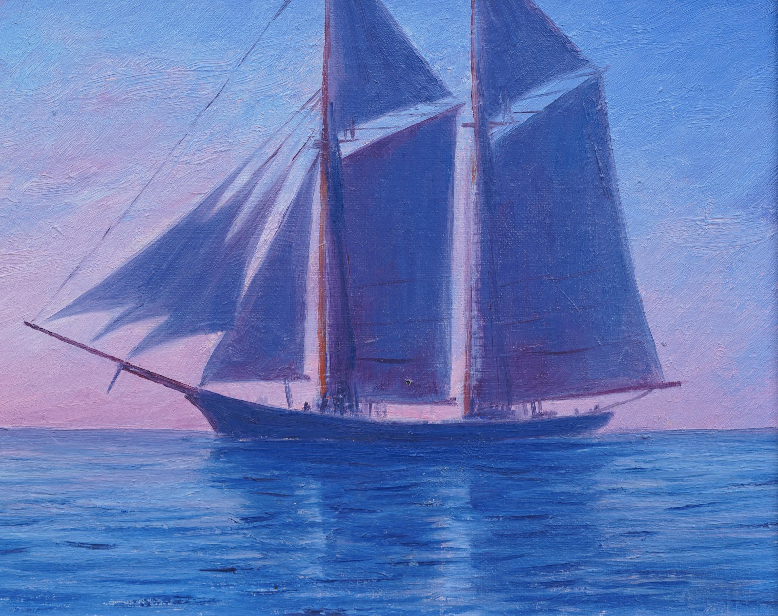 Antique Sunset Sailboat Framed Seascape Signed Silver Frame Oil Painting For Sale 3