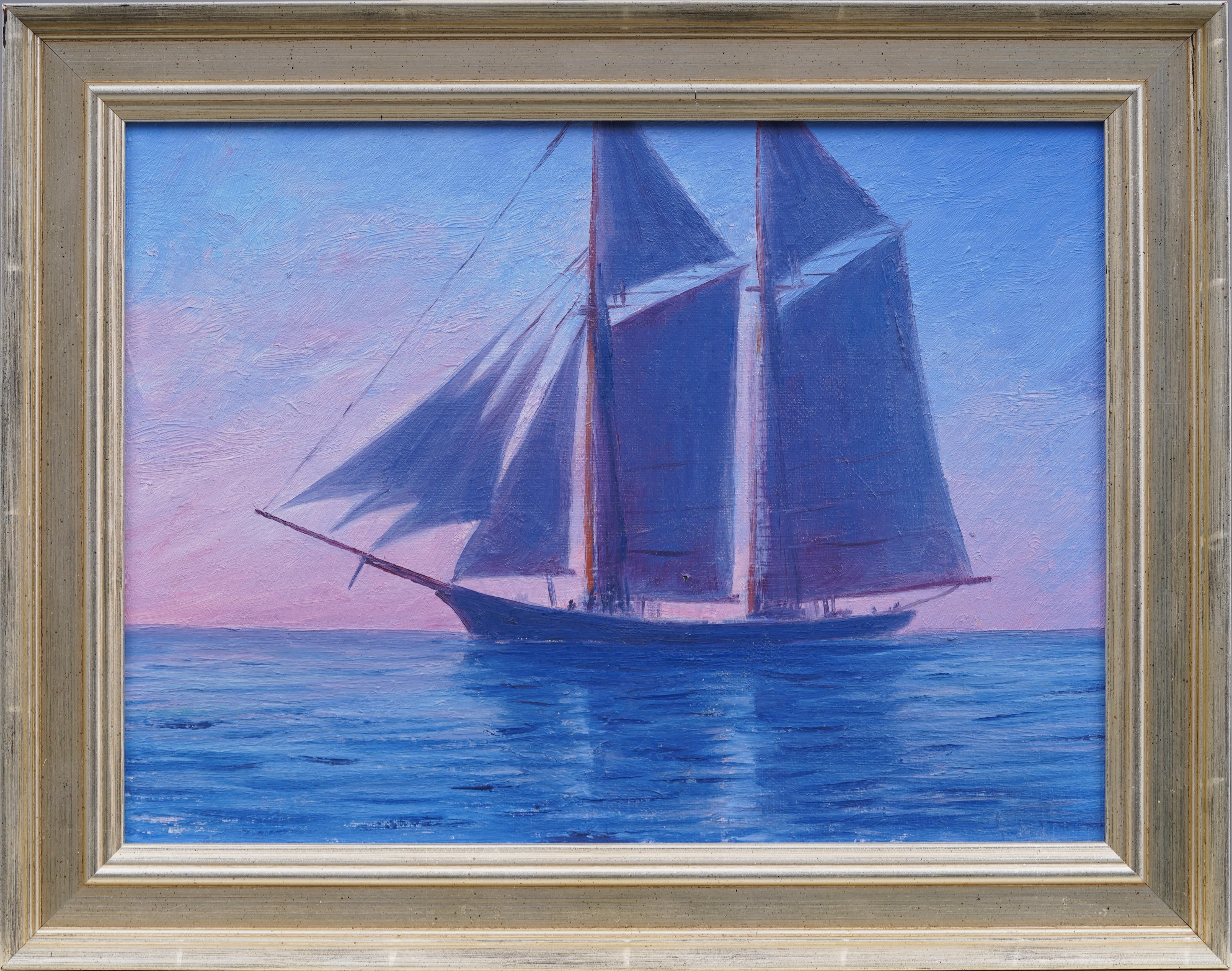 Unknown Landscape Painting – Antike Sonnenuntergang Segelboot gerahmte Meereslandschaft signiert Silberrahmen Ölgemälde