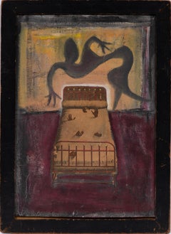 Vintage Surreal Modernist  "Massage Bed" Creole Voodoo Signed Oil Painting