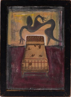 Antico Surreale Modernista  "Letto da massaggio" Pittura ad olio firmata Creole Voodoo