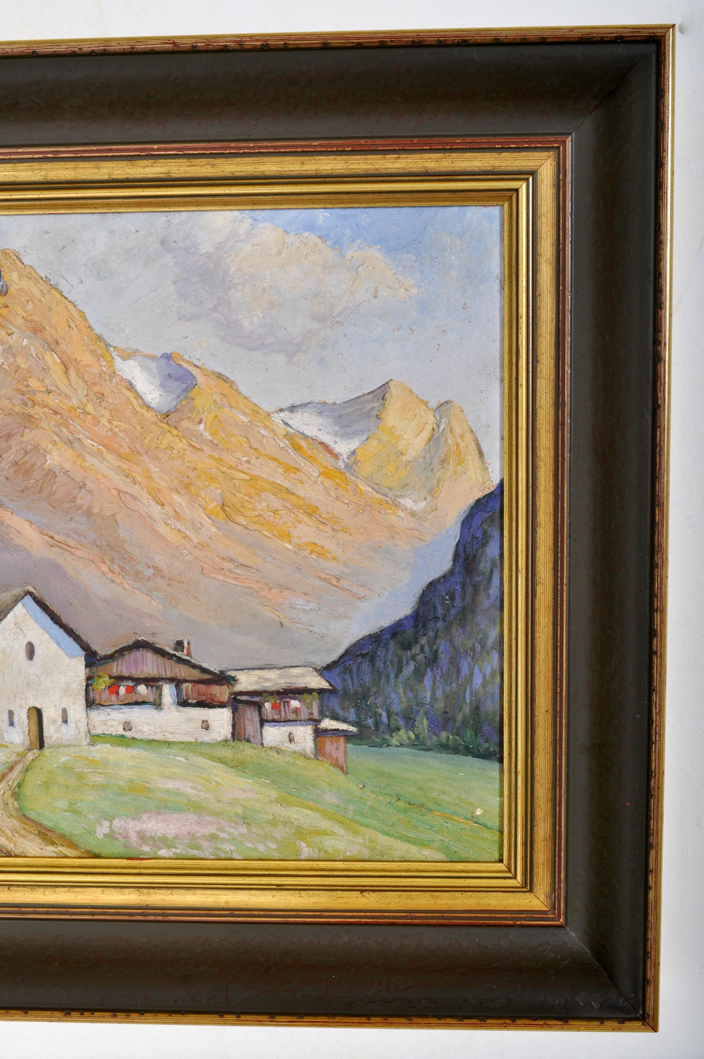 Antique Swiss Chalet Mountain Landscape Scene Oil Painting on Board Circa 1900 - Brown Landscape Painting by Unknown