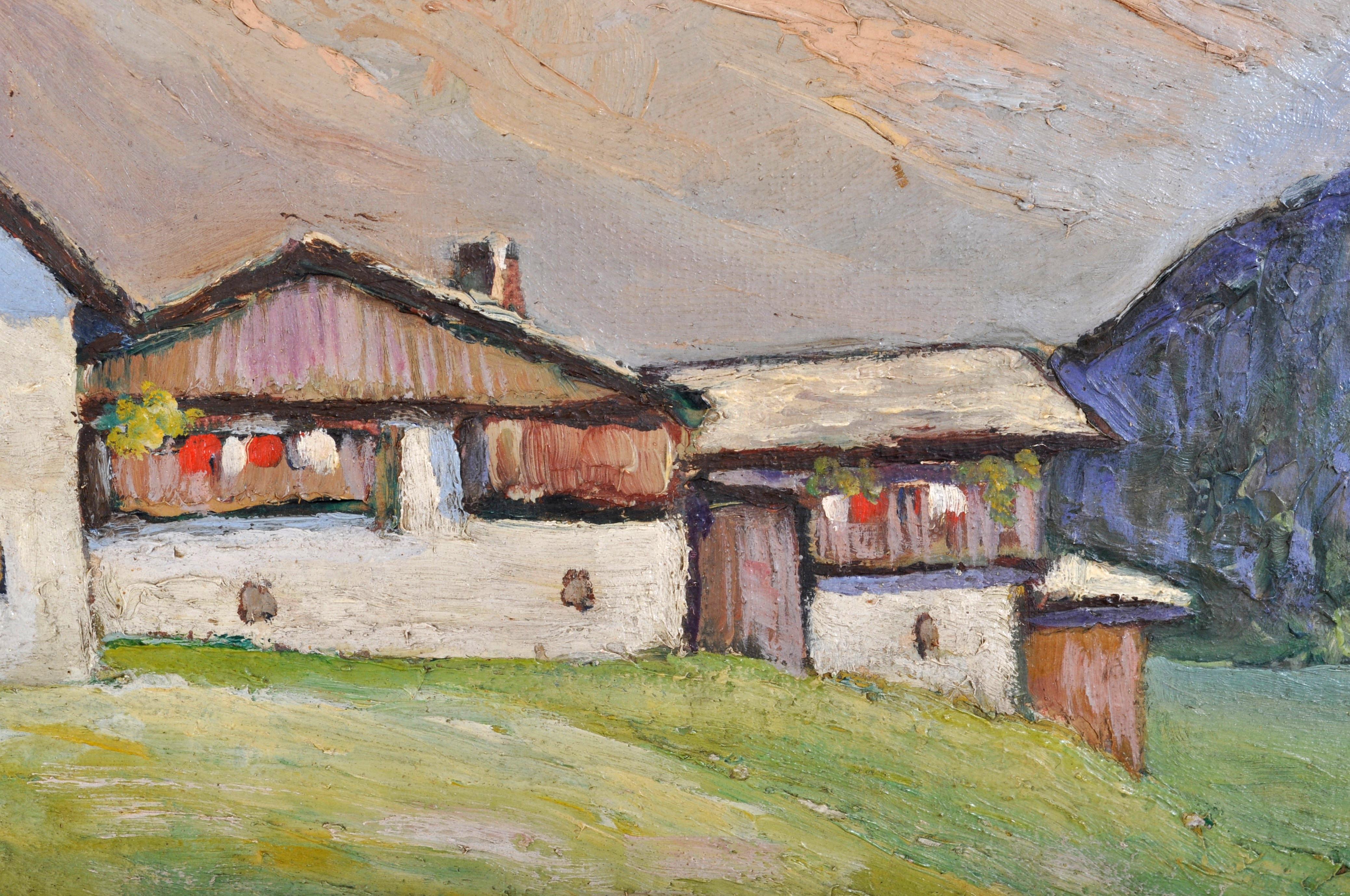 Antique Swiss Chalet Mountain Landscape Scene Oil Painting on Board Circa 1900 2