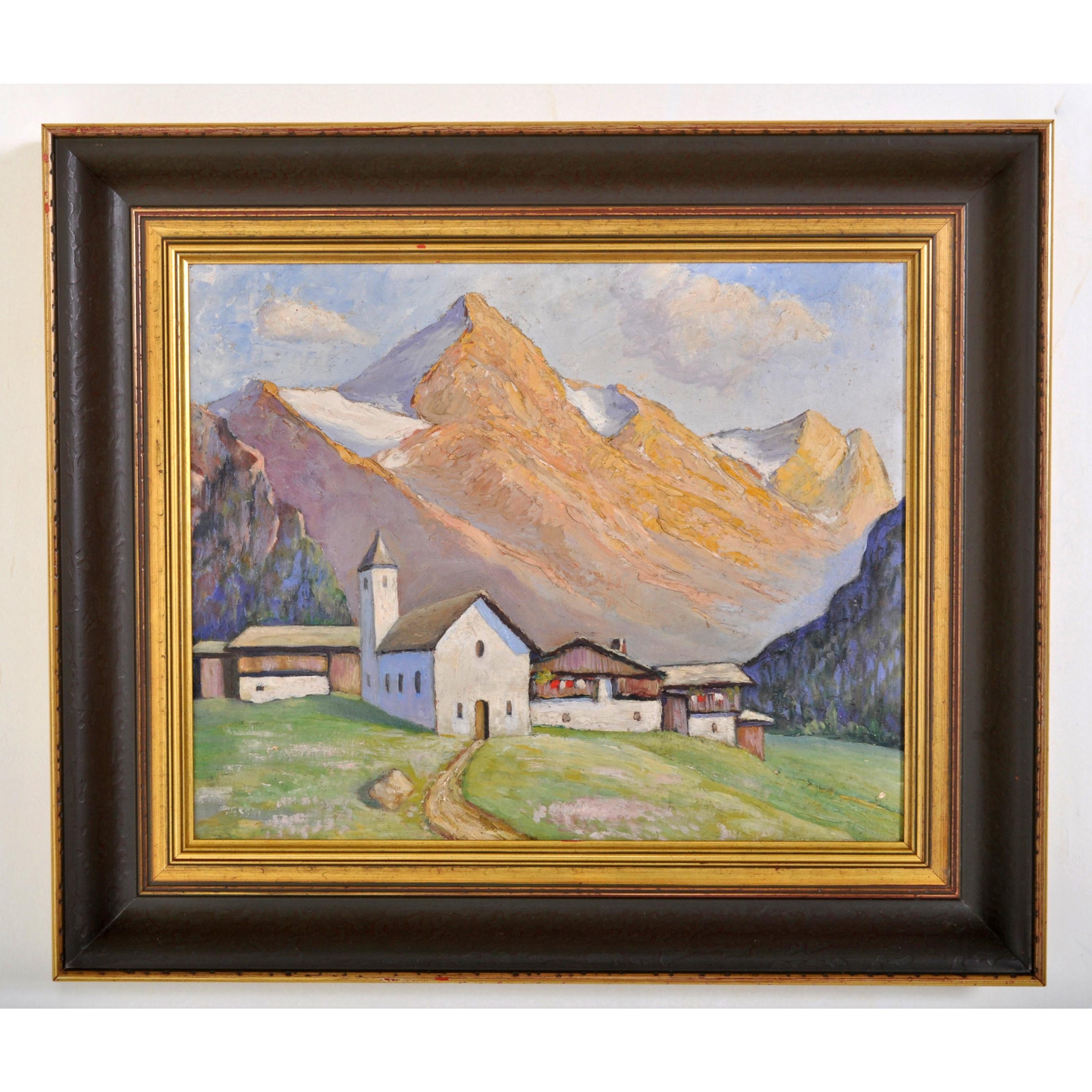 Unknown Landscape Painting - Antique Swiss Chalet Mountain Landscape Scene Oil Painting on Board Circa 1900
