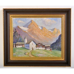 Antique Swiss Chalet Mountain Landscape Scene Oil Painting on Board Circa 1900