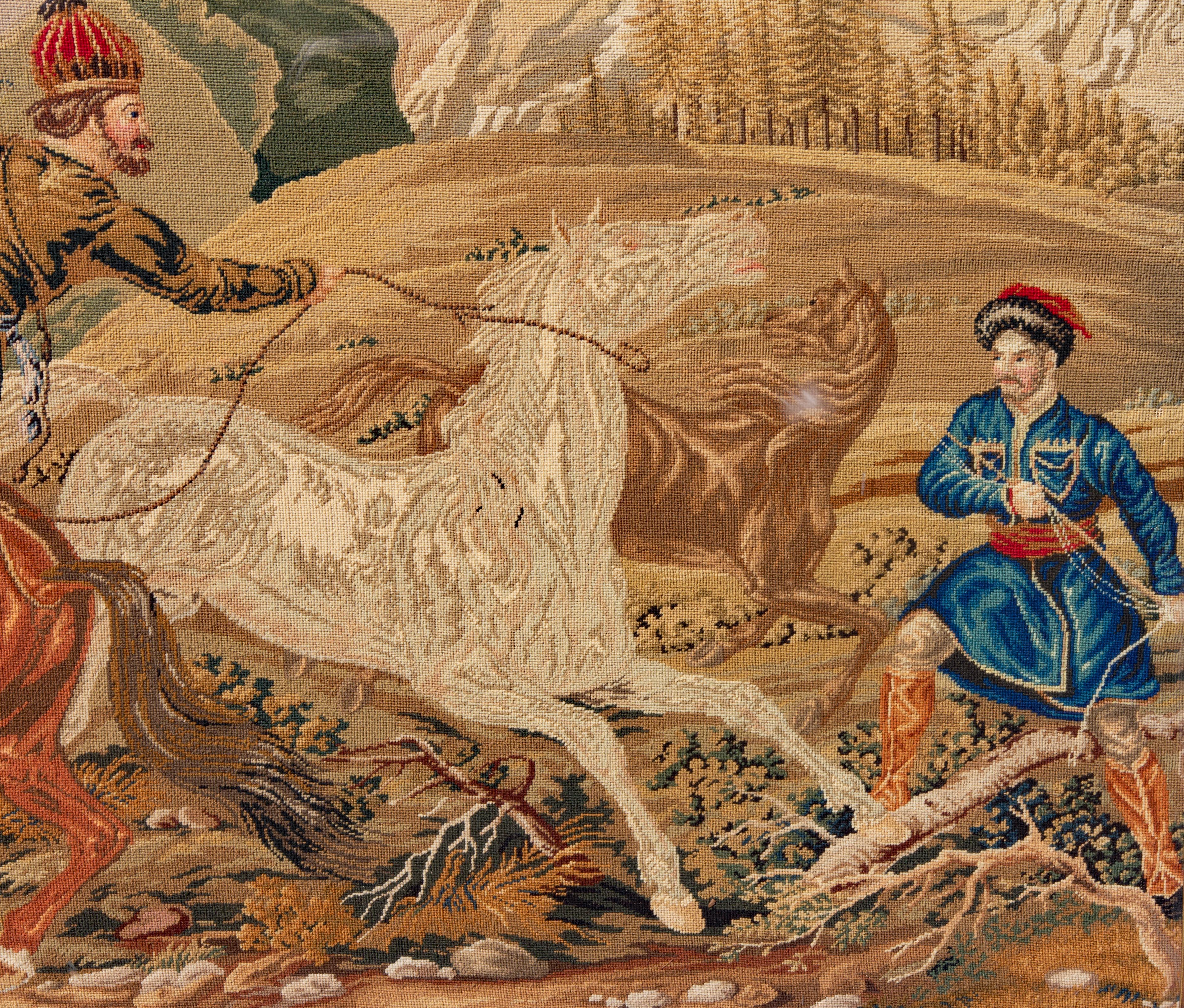 Antiguo tapiz francés o belga. Representa a un jinete persa capturando caballos árabes salvajes. Está en el marco original detrás de un cristal. El cristal ha conservado los colores vivos. Fechado en 1852 en el cristal y en el reverso. Vendido al