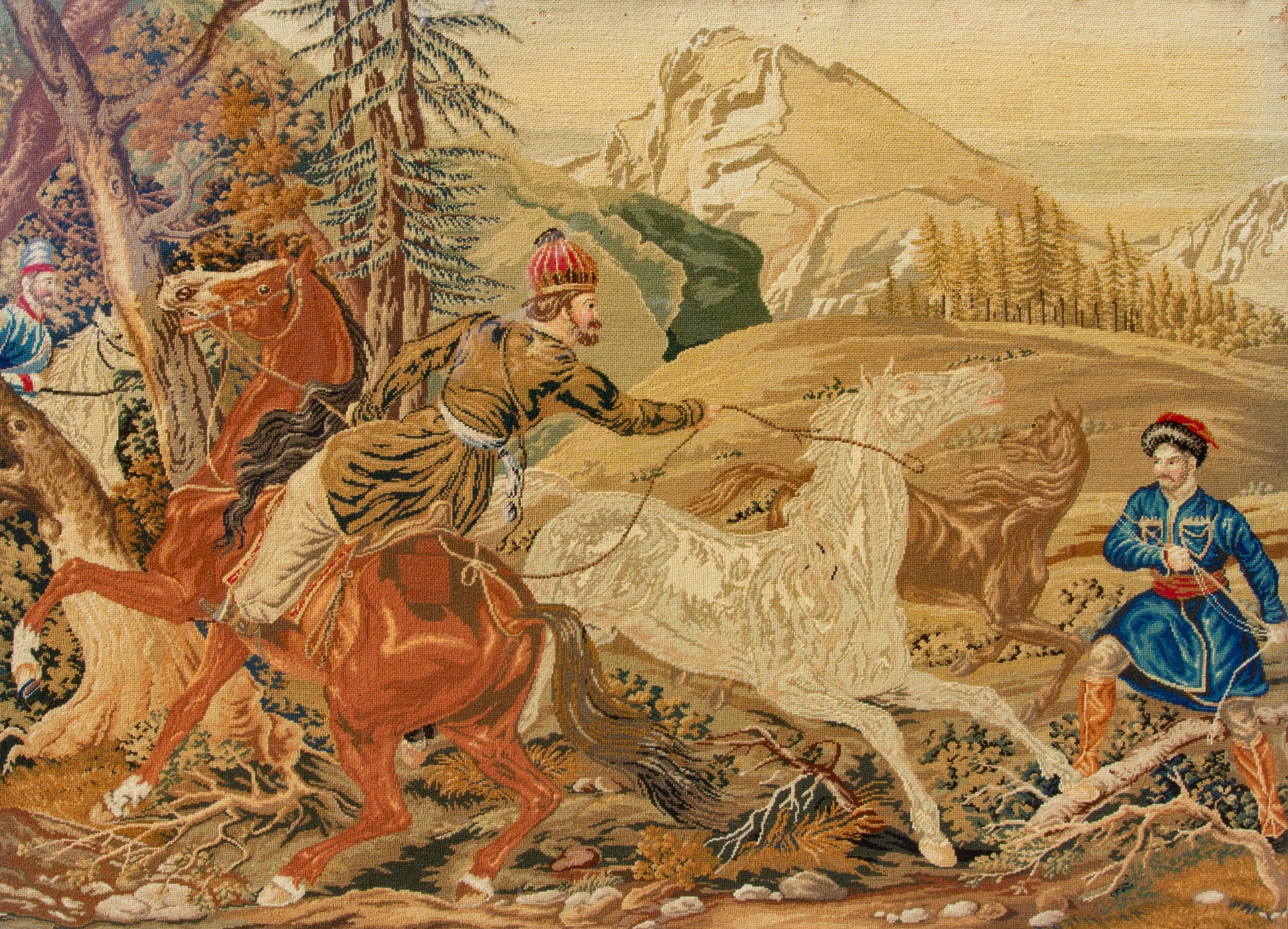 Figurative Painting de Unknown - Tapiz antiguo Escena orientalista "Captura de caballos árabes salvajes" Fechado en 1852